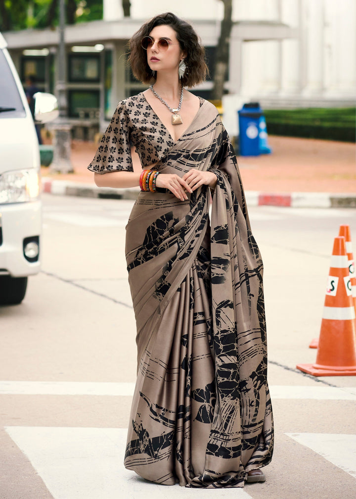 Taupe Brown Printed Satin Silk Saree