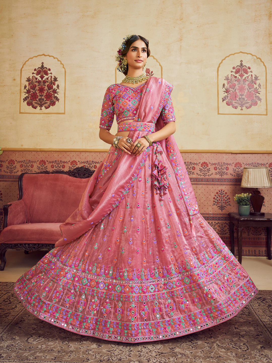 Pink Color Organza Fabric Sequins embroidery Lehenga choli & Dupatta - qivii