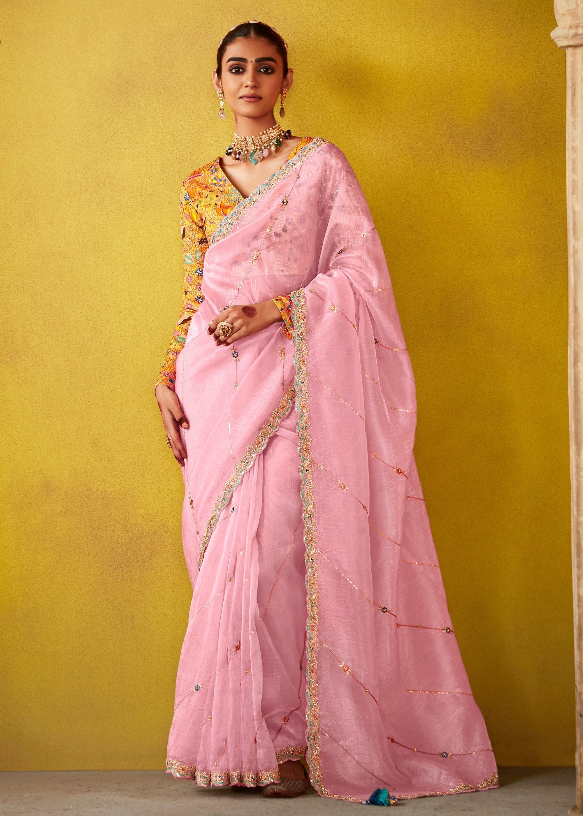 Soft Pink Glass Tissue Silk Saree With Sequins And Thread Embroidered Work - qivii