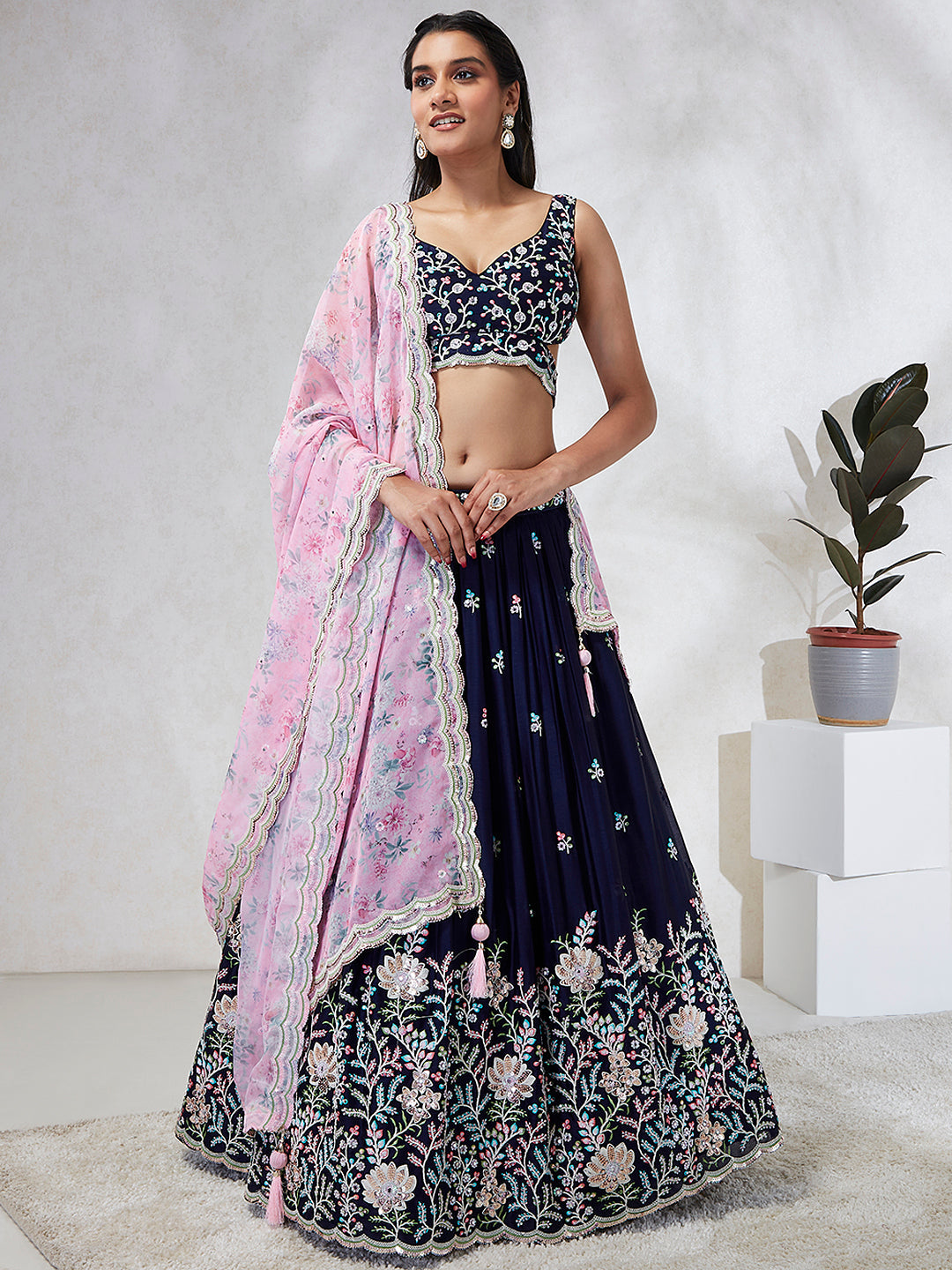 Georgette Sequins, Mirror and thread embroidery Stitched Lehenga choli