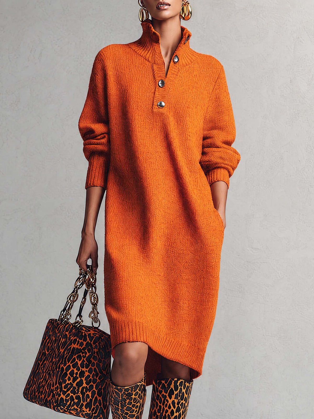 Comfortable And Fashionable Lapel Front Button Orange Knitted Midi Dress  - By Qivii