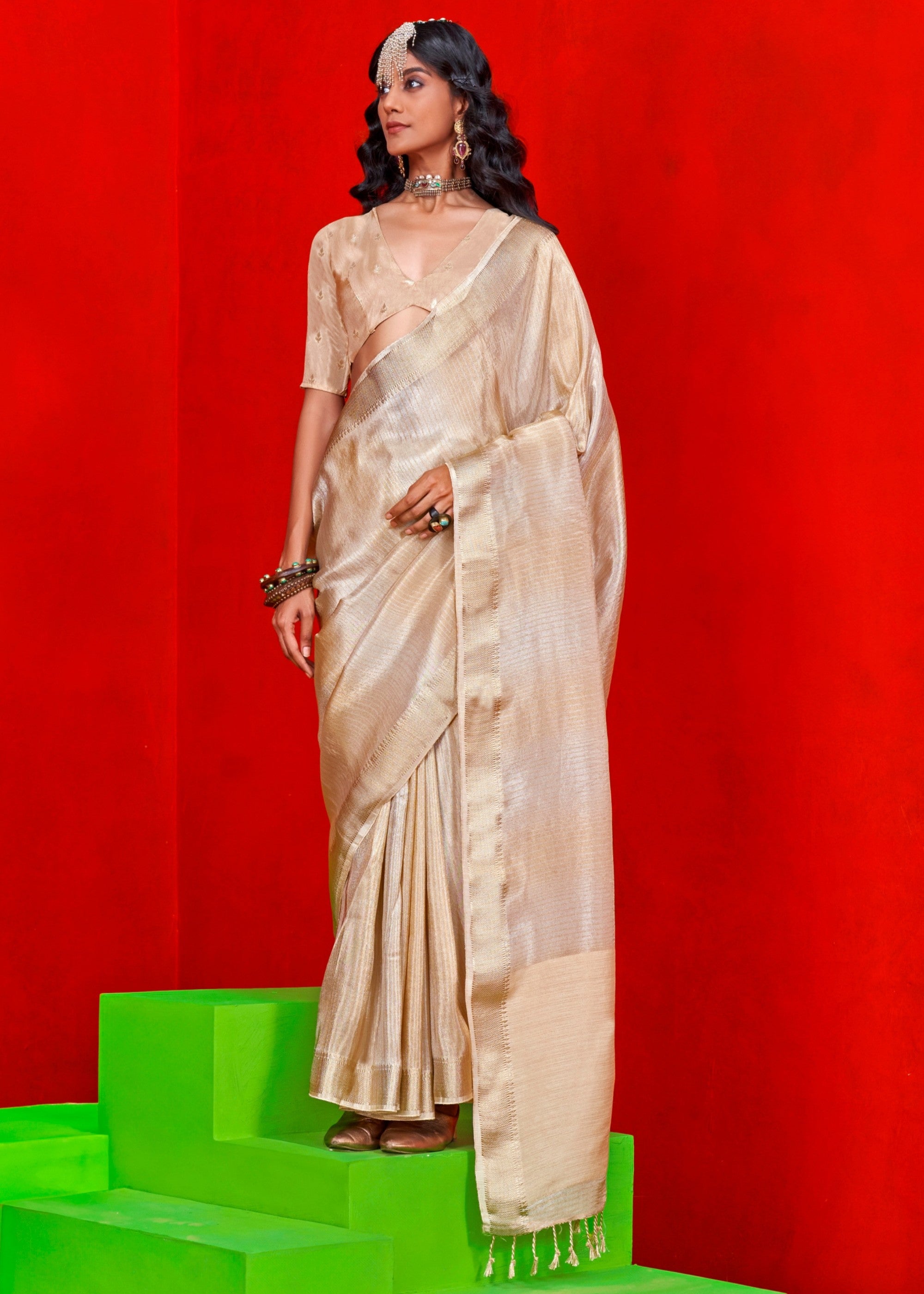 Off-White Pure Viscose Zari Tissue Saree - qivii