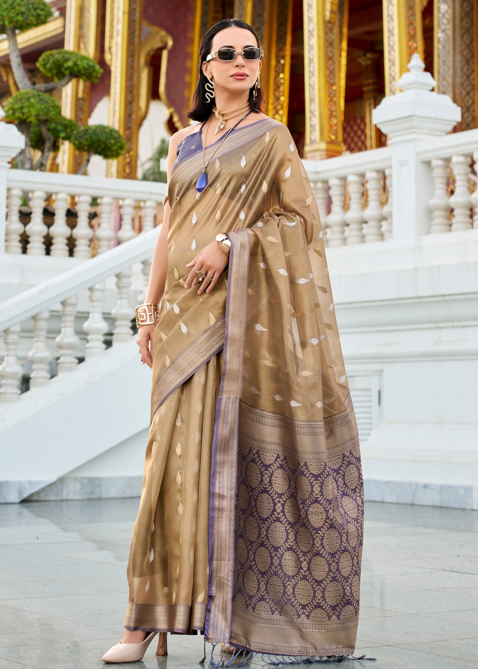 Sand Brown & Blue Tissue Silk Saree With Zari Weaving And Contrast Blouse - qivii