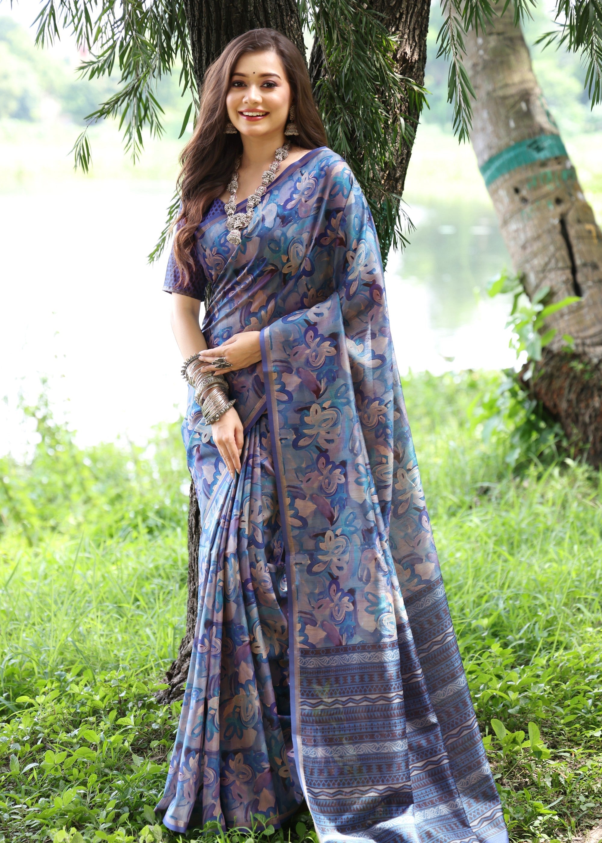 Blue Flower Printed Design Cotton Silk Saree With Printed Pallu - qivii