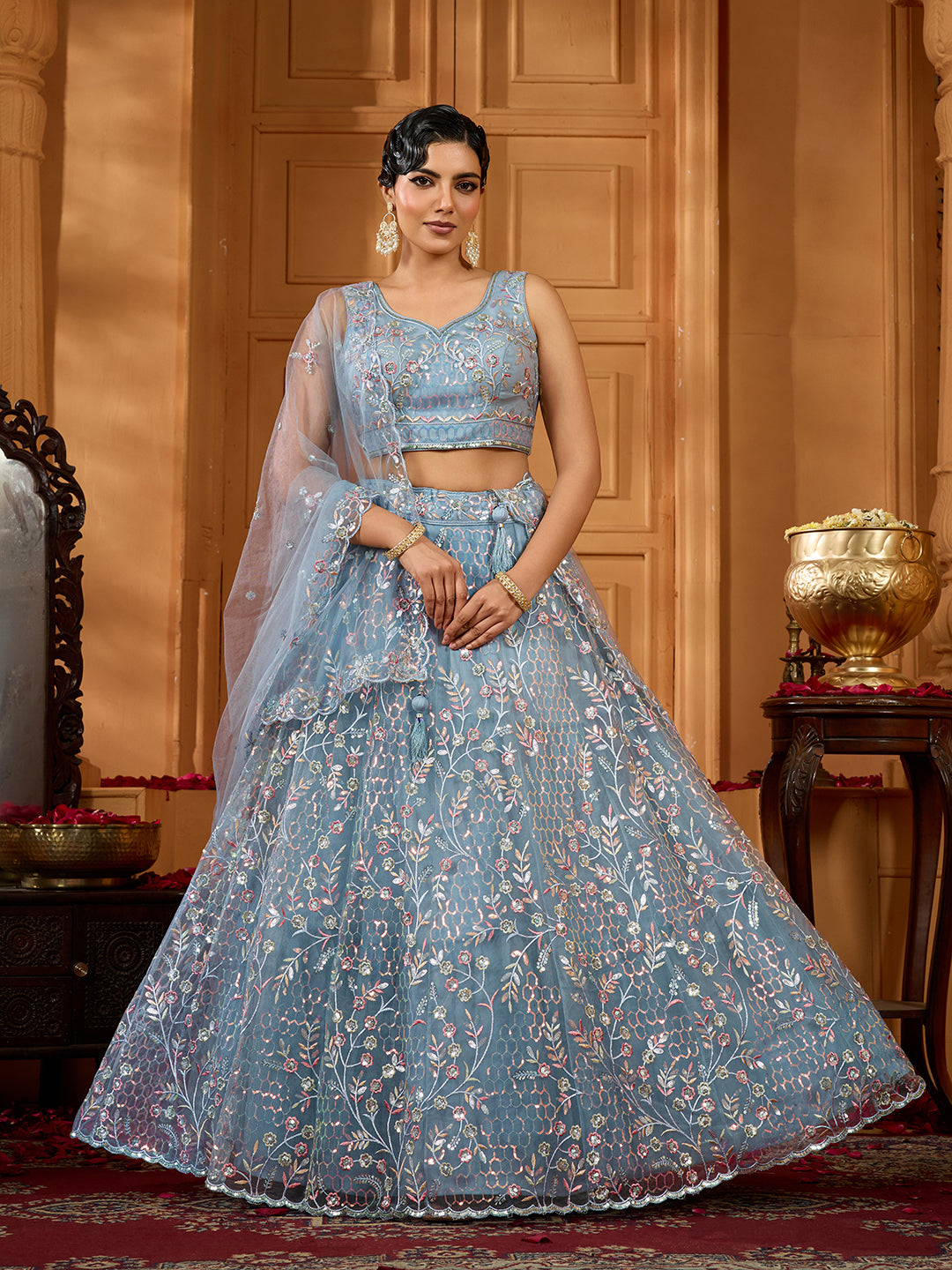 Grey- Net Fabric Sequins embroidery Semi-Stitched Lehenga & Unstitched Blouse With Dupatta - qivii
