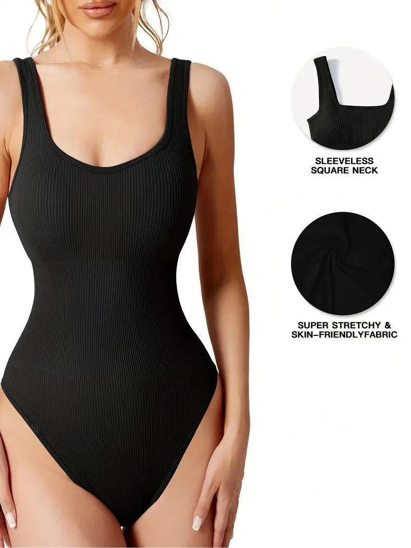 Women's Shapewear Bodysuits Sexy Ribbed Sleeveless Square Neck Tank Tops  - By Qivii