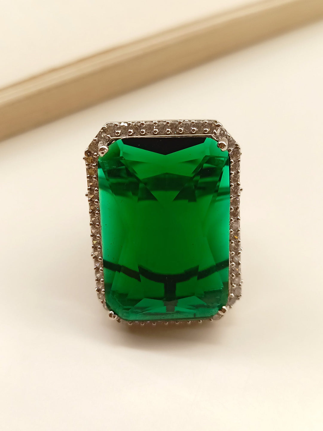 Samantha Green American Diamond Finger Ring in Sterling Silver with Sparkling Emerald Stone and Intricate Filigree Design