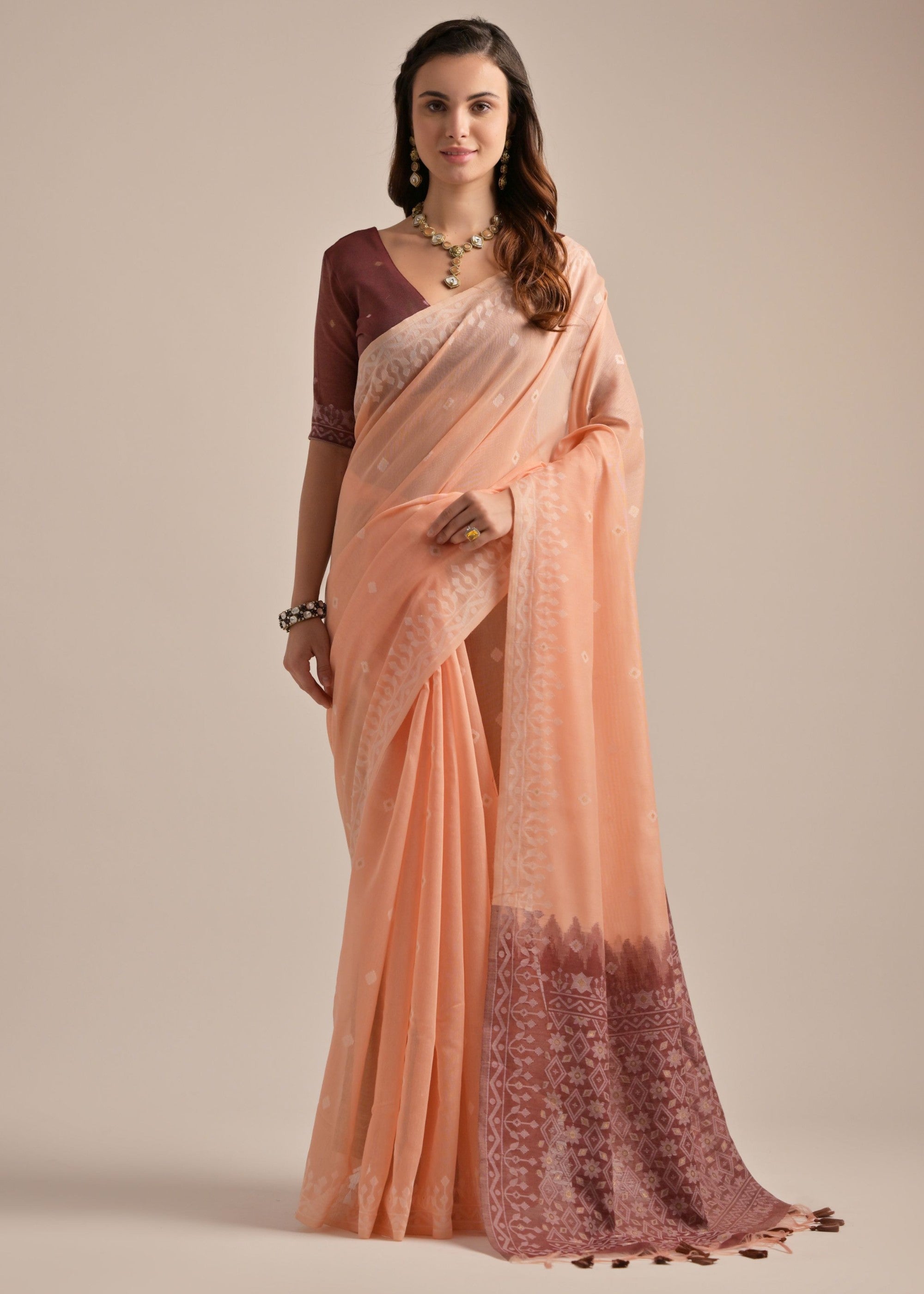 Peach Thread Butti Lakhnawi Weaves Muga Cotton Saree With Contrast Pallu - qivii