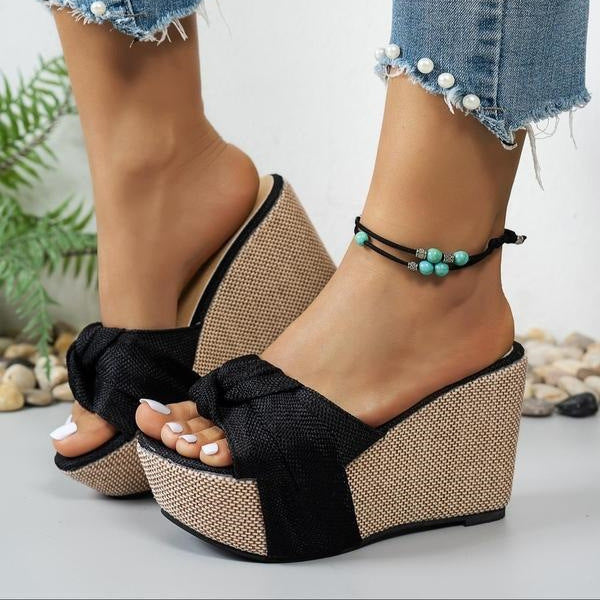Women's Celeste Bow Peep-Toe Wedge Slide Sandals - Elegant Roman Summer Slides (US 4-10.5)
