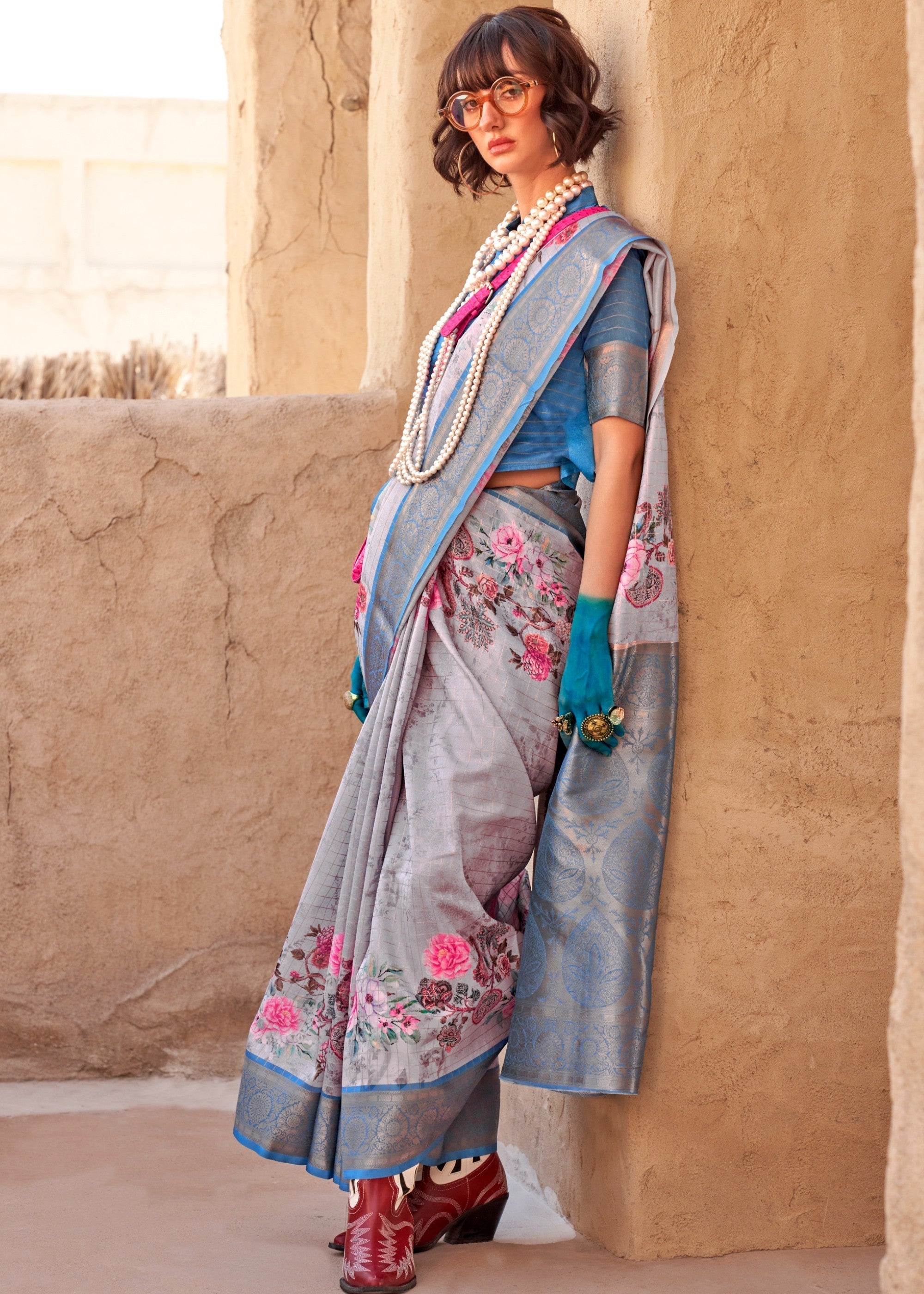 Vivid Blue and Gray Printed Handloom Georgette Saree - qivii