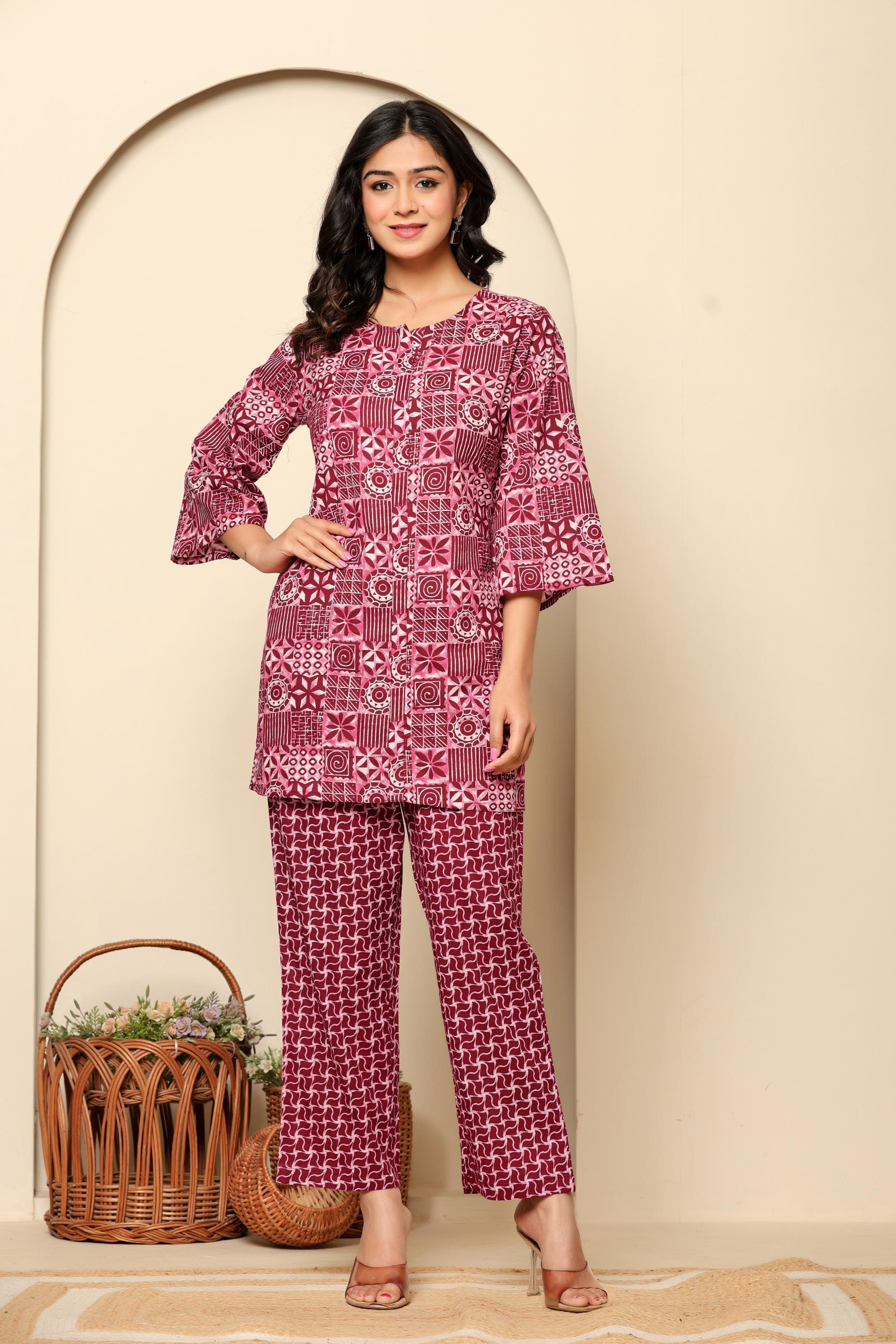Maroon Printed Cotton Co- Ord Set