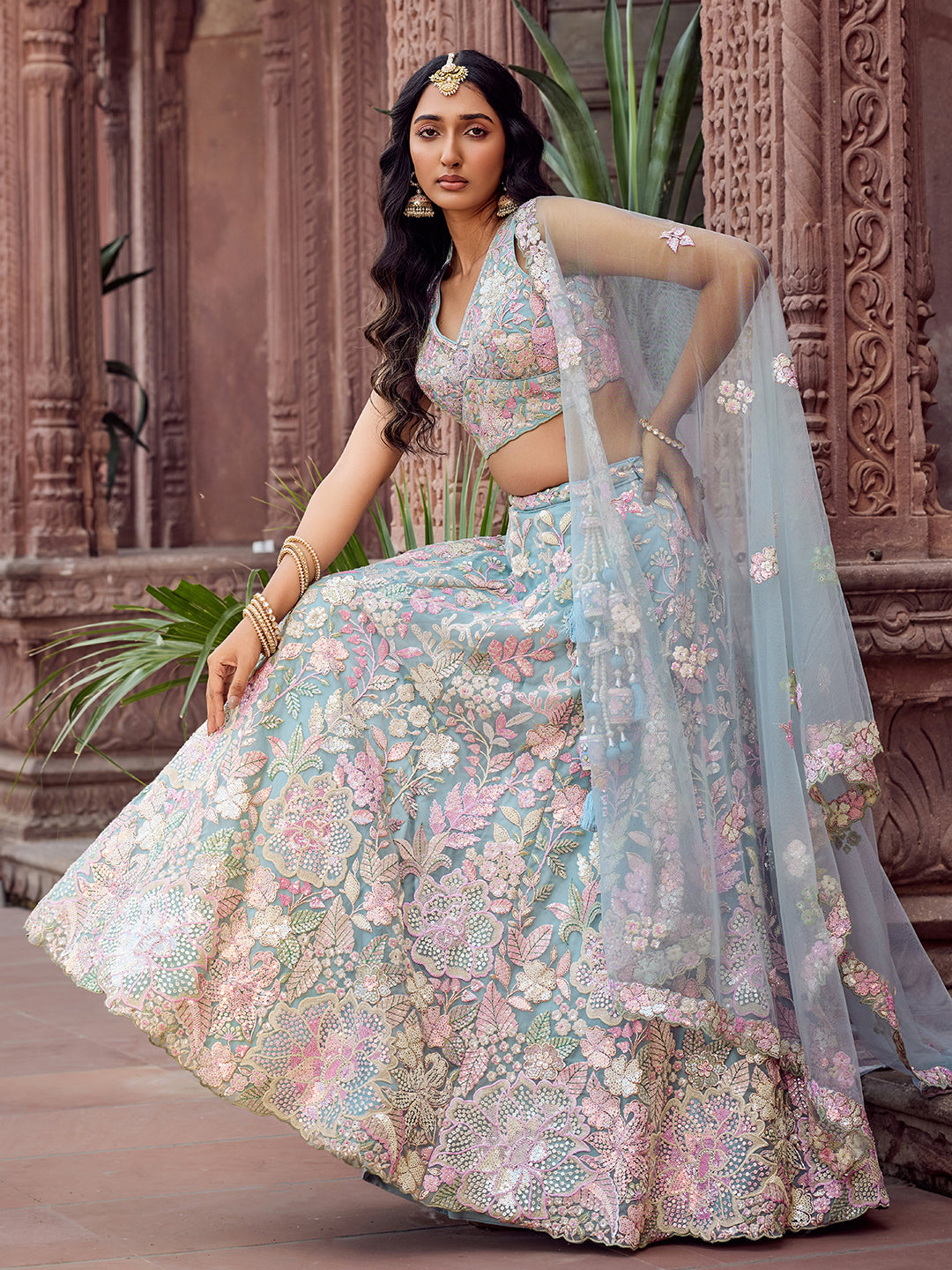TURQUOISE BLUE - Net Fabric Sequins embroidery Semi-Stitched Lehenga & Unstitched Blouse With Dupatta