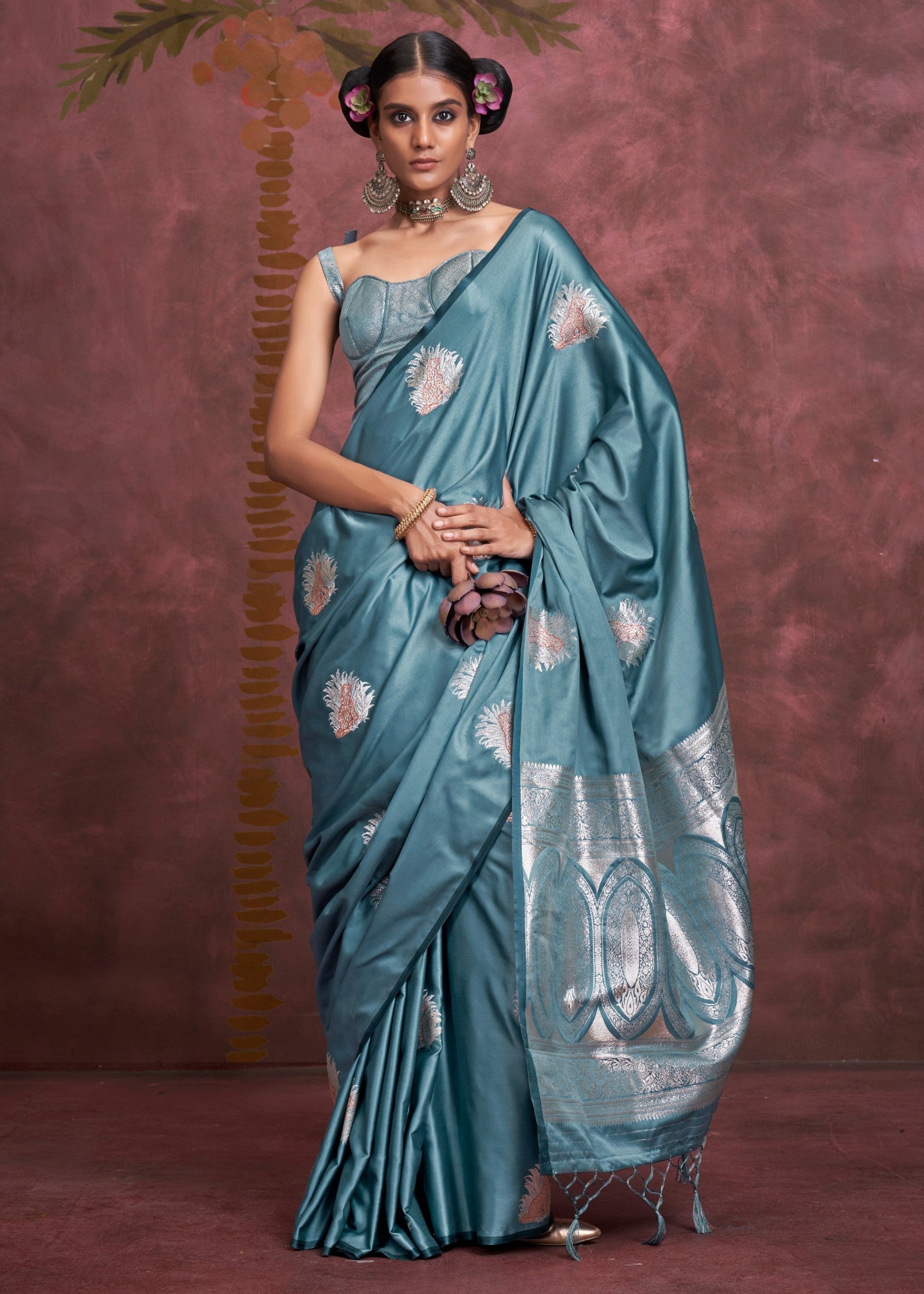 Azure Blue Handloom Weaving Satin - Banarasi Zari Saree - qivii