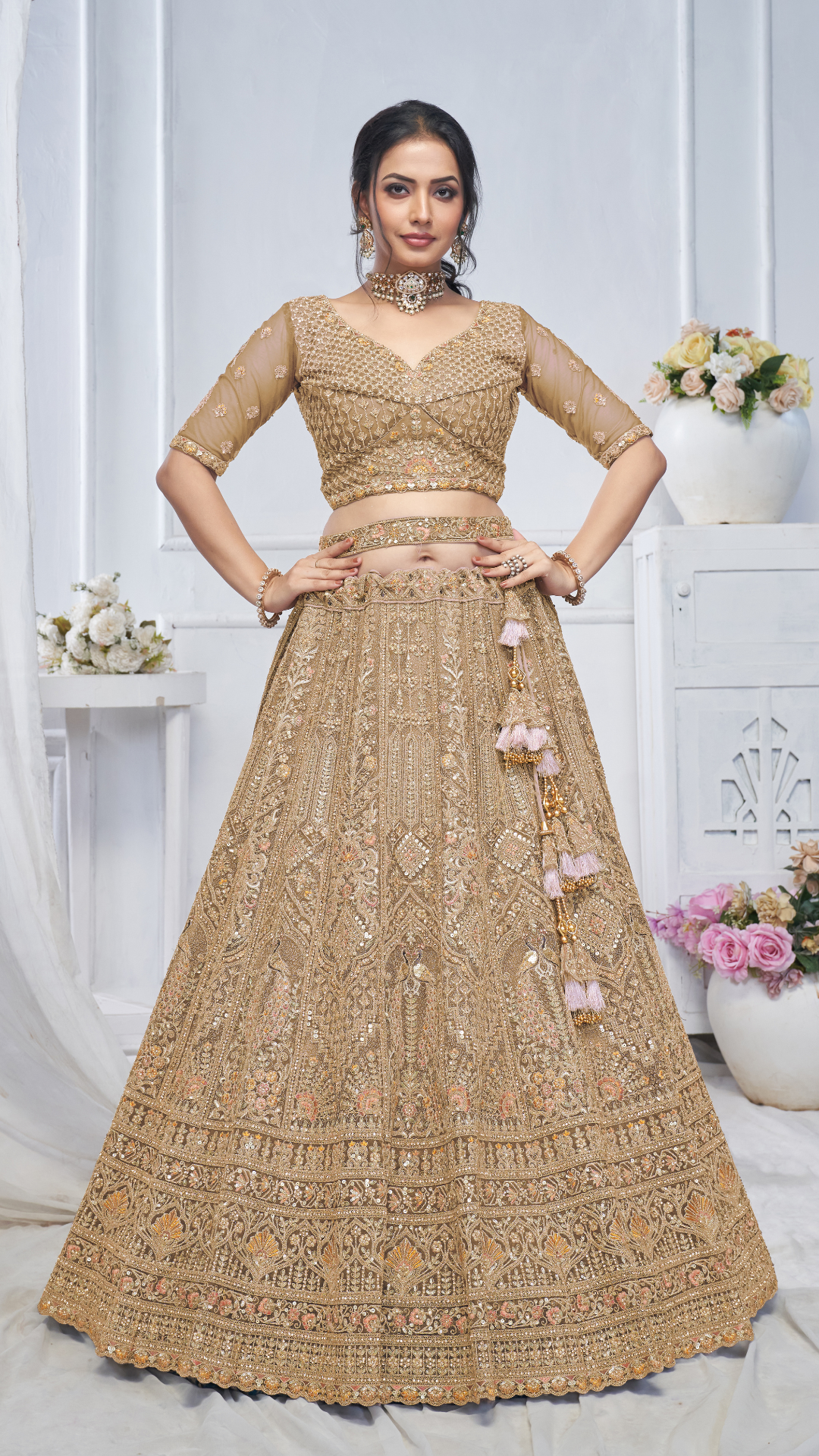 Royal Grandeur bridal Brown Lehenga with Paisley and Peacock Motifs & Heavy Embroidery