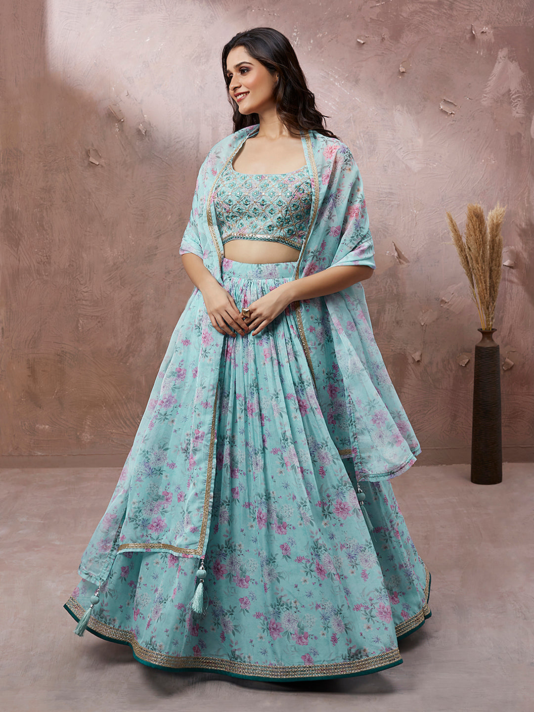 Turquoise Blue Organza Floral Printed Stitched Lehenga choli - qivii