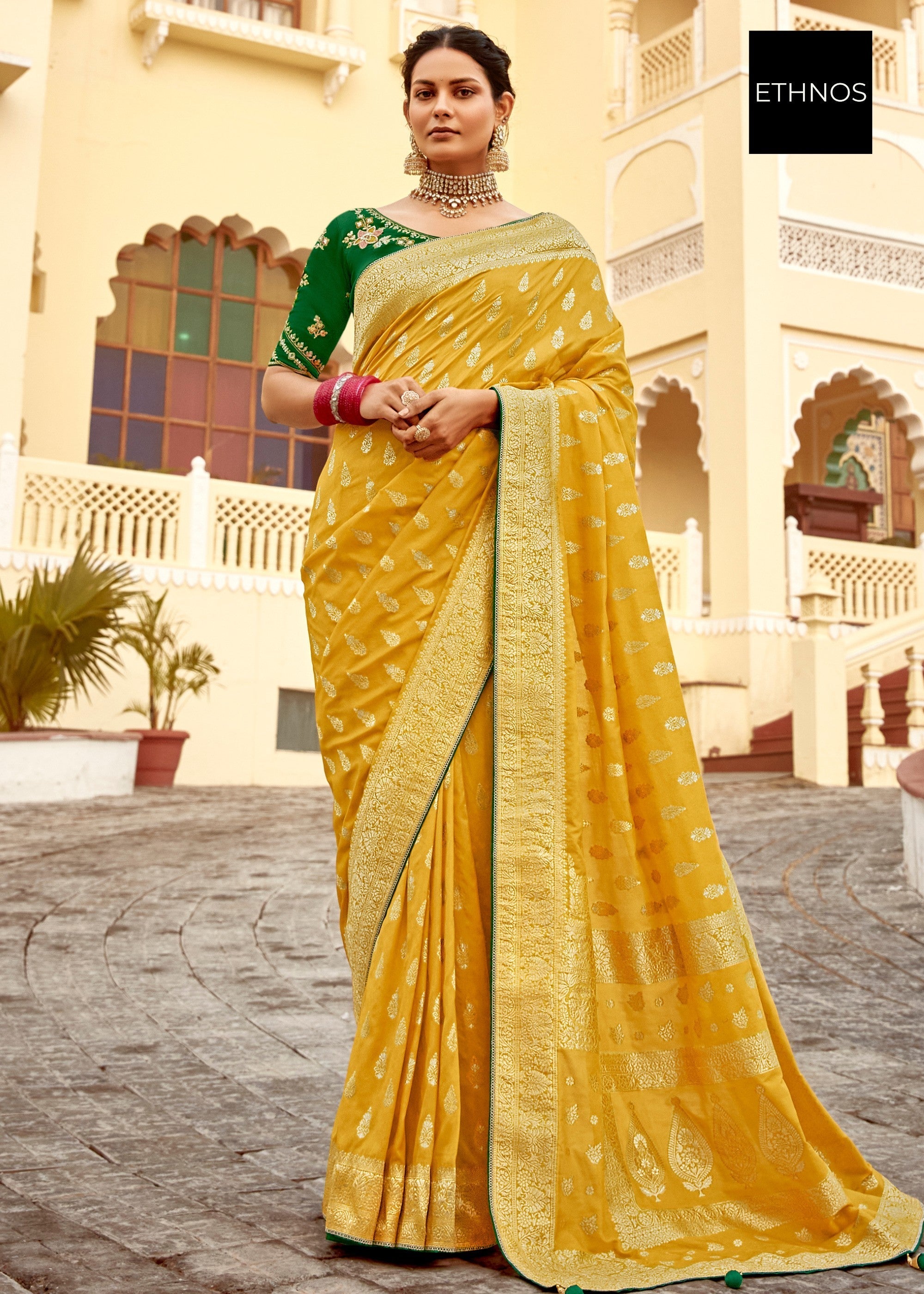 Canary Yellow Dola Silk Saree Embellished With Weaving Work And Heavy Embroidered Blouse - qivii