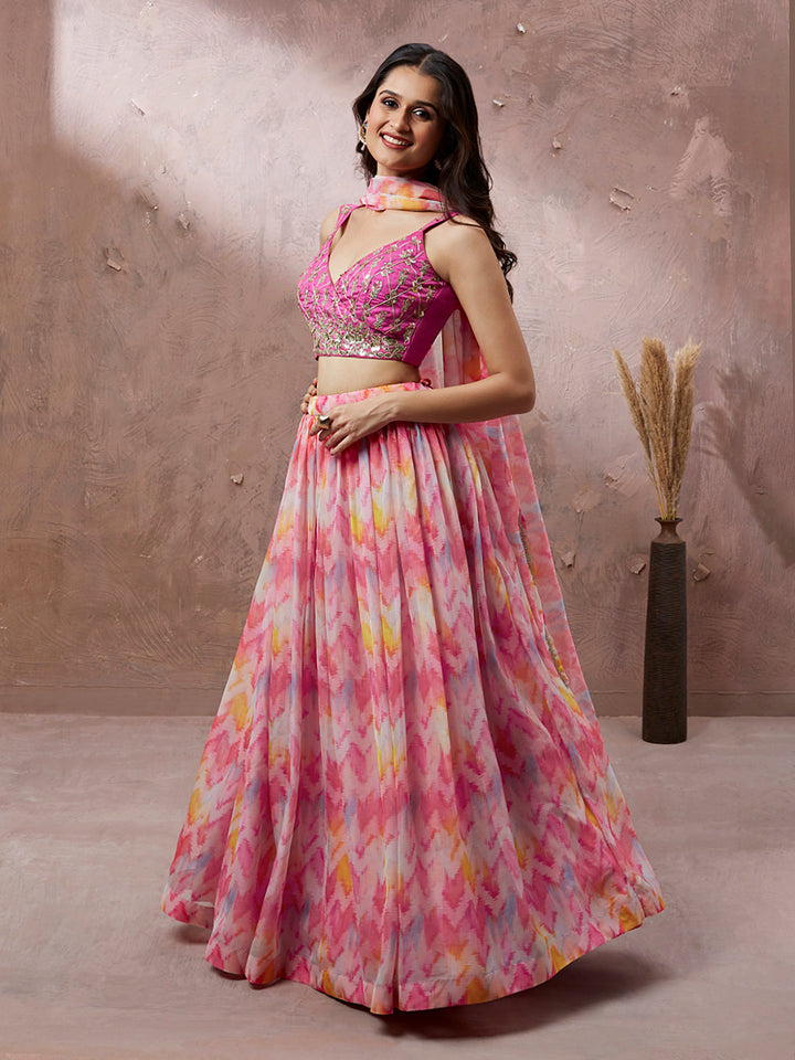 Pink Organza Floral Printed Stitched Lehenga choli & Dupatta