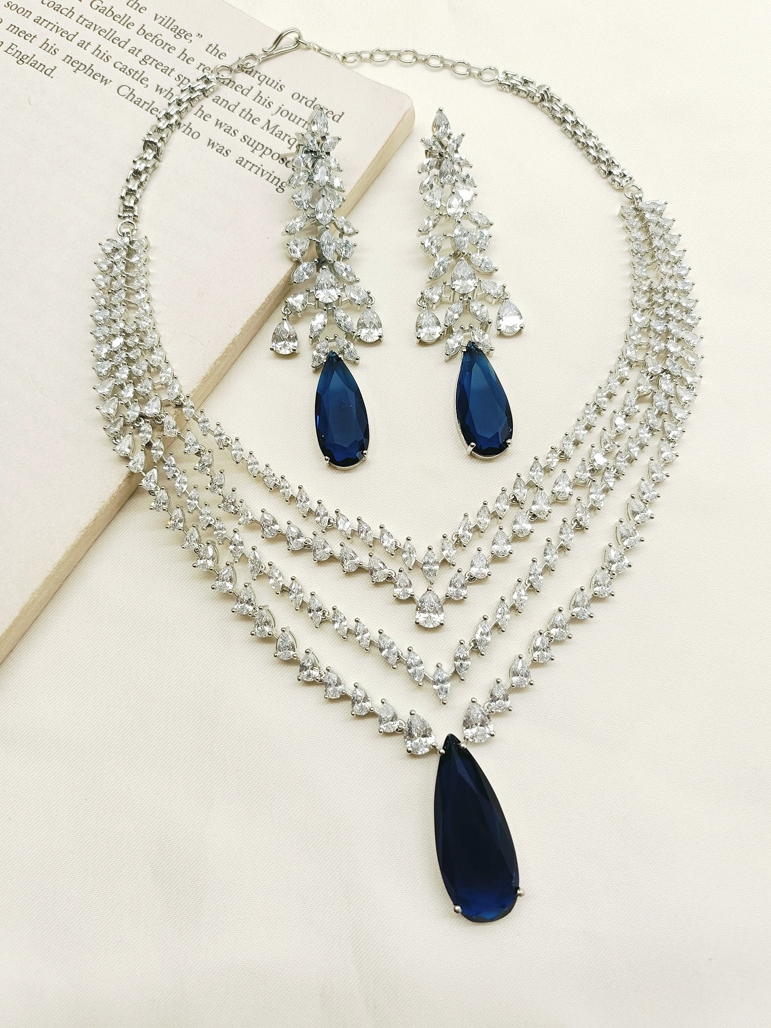 Ruhana Blue Sapphire American Diamond Necklace Set - qivii