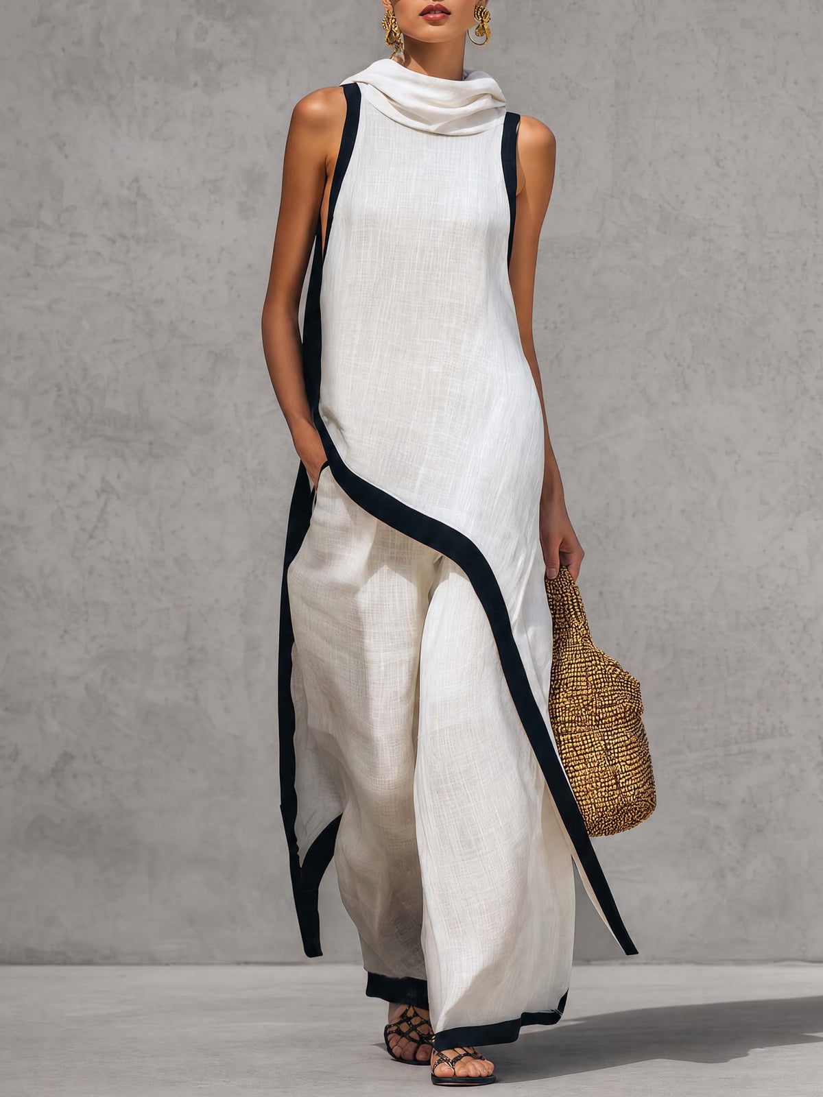 Temperament Casual Hooded White Black Trim White Cotton And Linen Asymmetrical Long Top And Pants Set  - By Qivii
