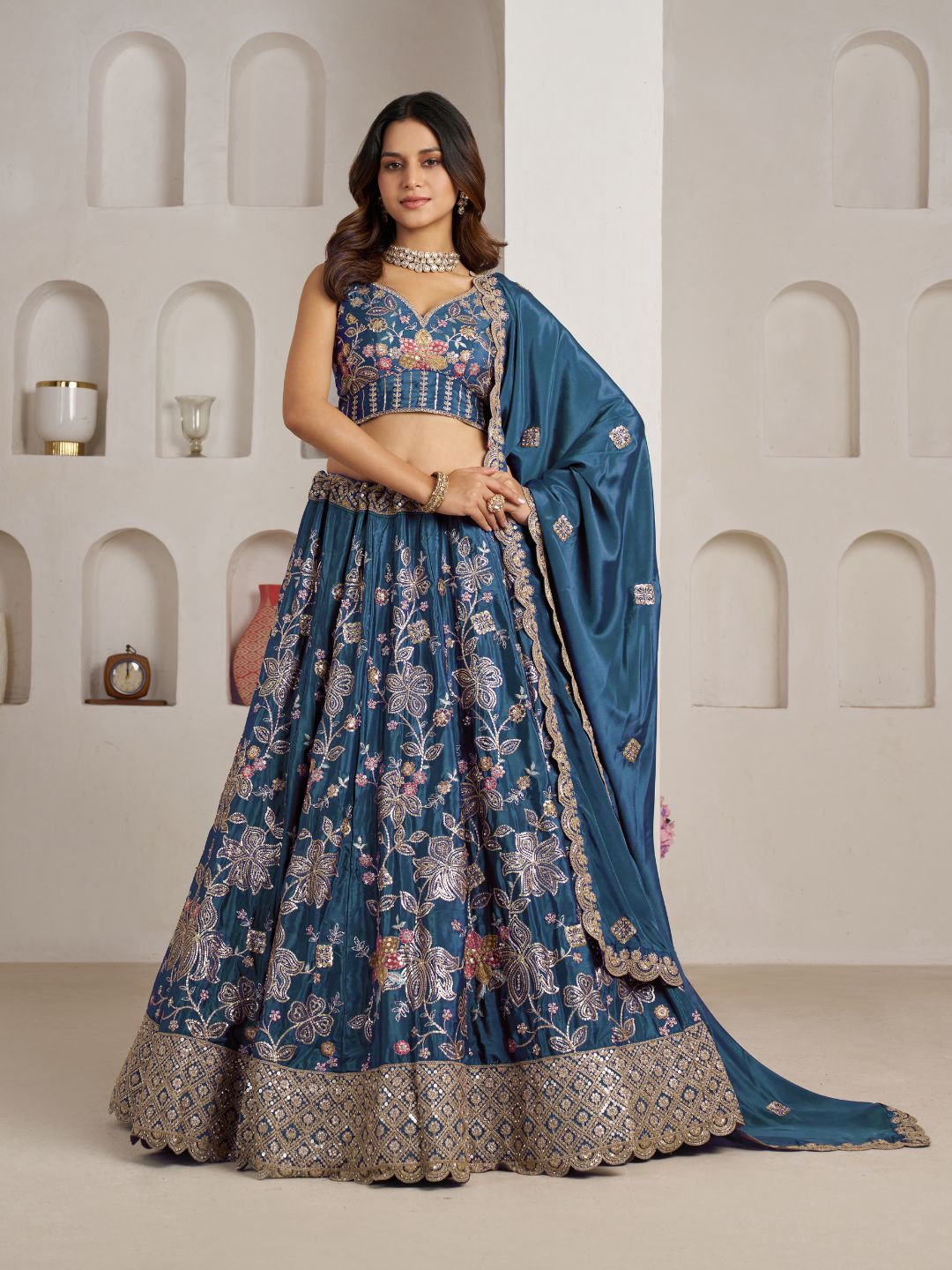 Stunning Sky blue Color Lehenga Choli with Golden Floral Detailing
