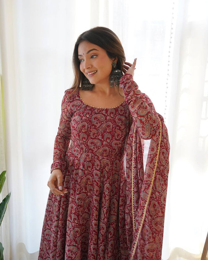 Exclusive Maroon Color Printed Three Piece Anarkali Suit  - By Qivii