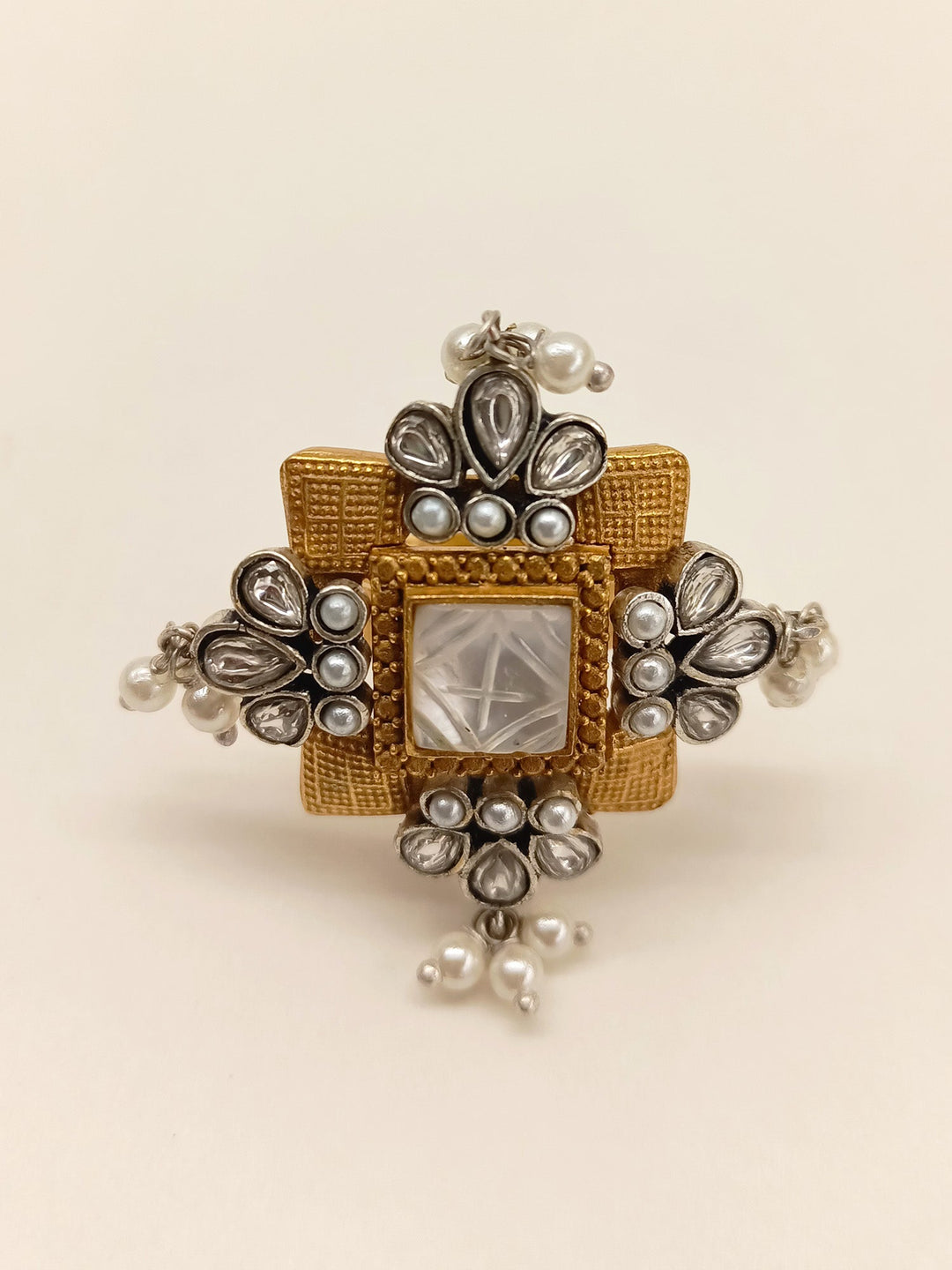 Bodhi Smoke White Boutique Finger Ring with intricate design and silver accents