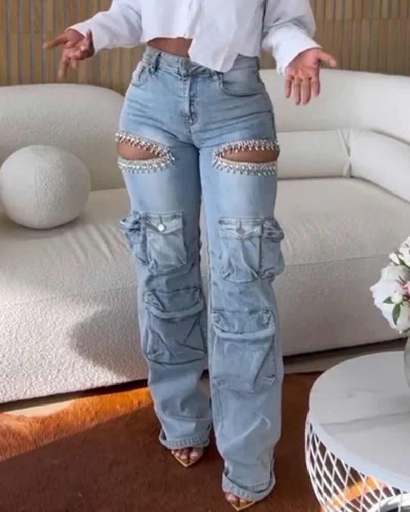 Stylish Wash Trimmed Cutouts Denim Cargo Jeans with Rhinestone  - By Qivii