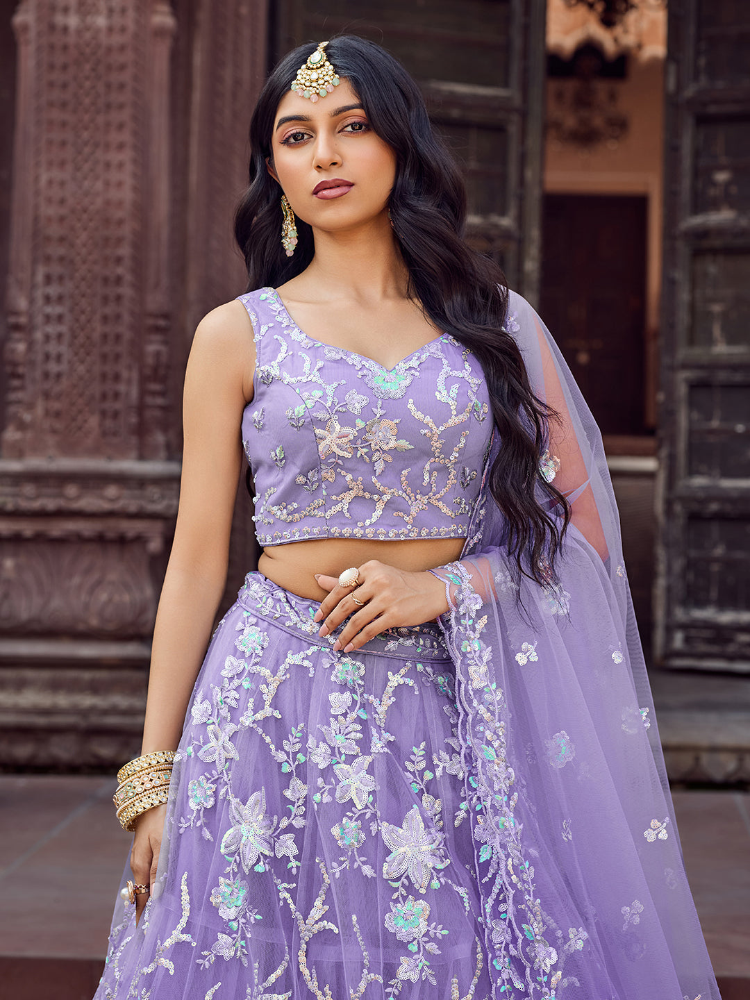 MAUVE - Net Fabric Sequins embroidery Semi-Stitched Lehenga & Unstitched Blouse With Dupatta