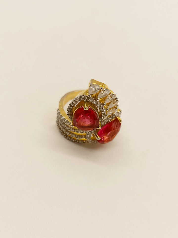 Narayani Ruby American Diamond Finger Ring with intricate silver band and sparkling red gemstone