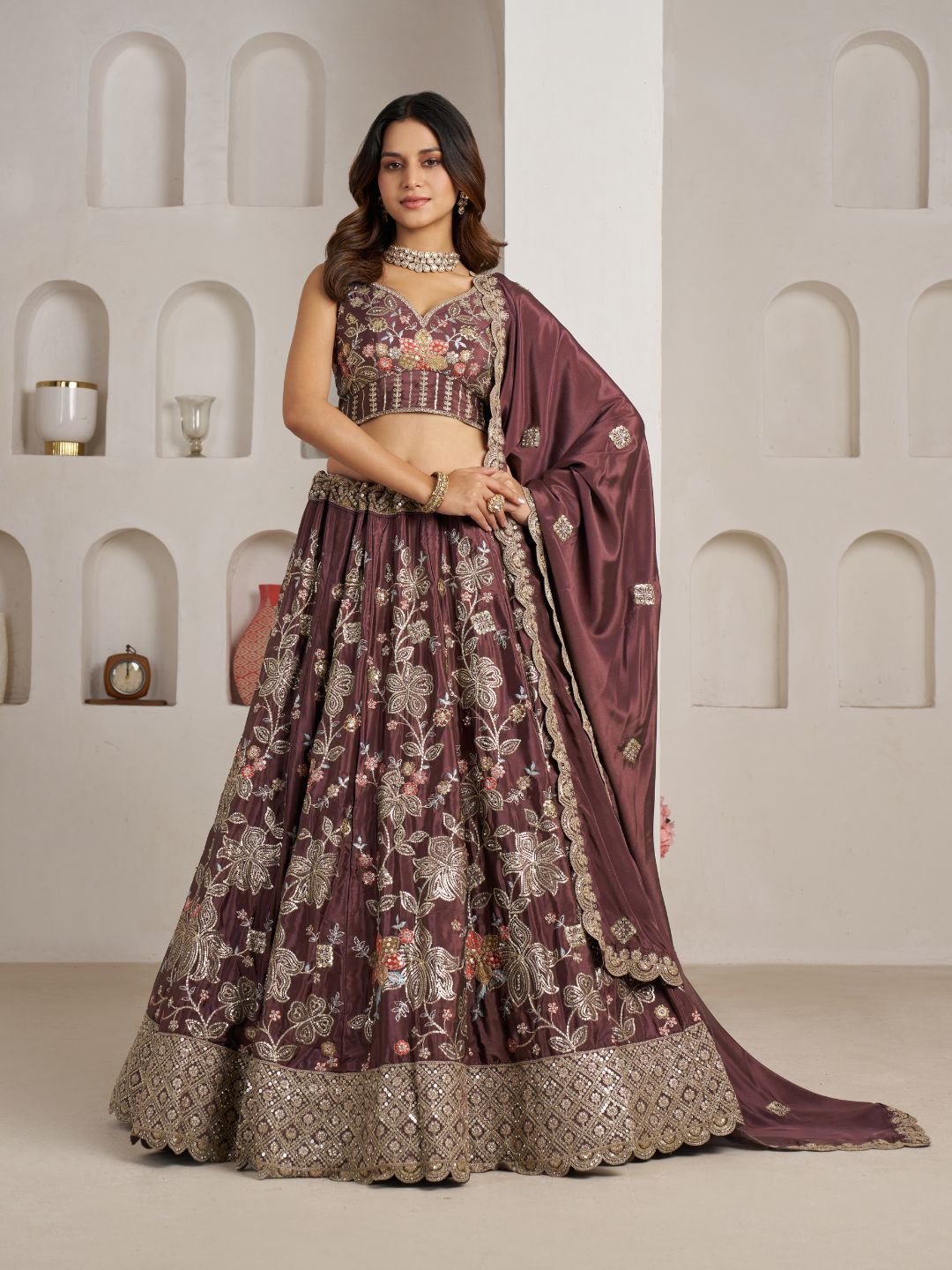 Designer Onion Color Lehenga Choli with Golden Floral Detailing
