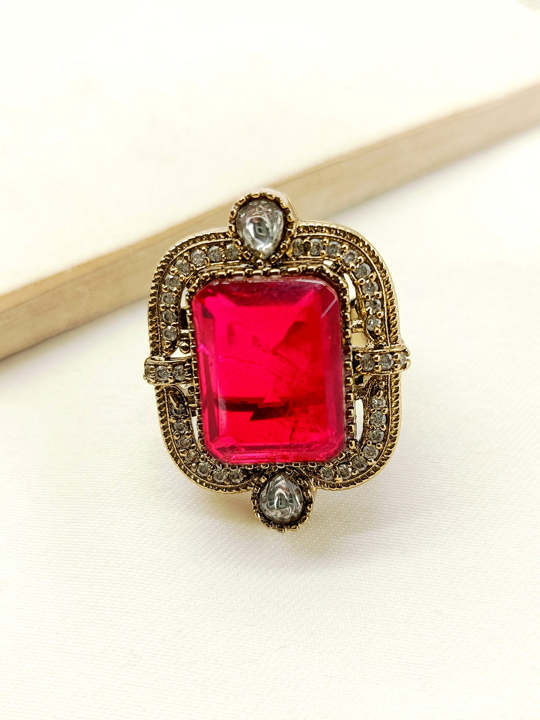 Exquisite Sharanya Ruby Victorian Finger Ring with intricate floral design and red gemstone