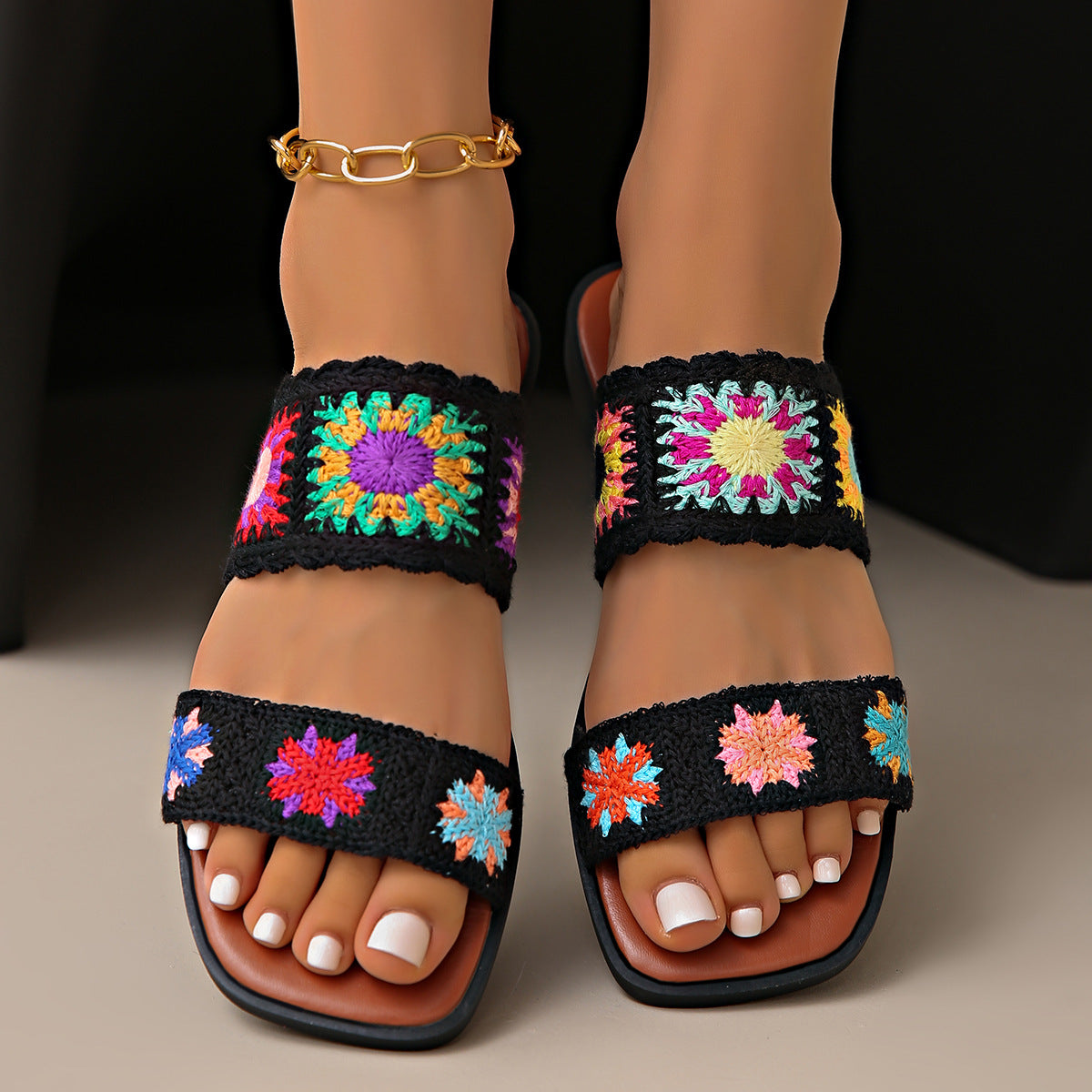 Women’s SunBloom Knit Flat Slides – Square-Toe Boho Embroidered Sandals (US 5–10)