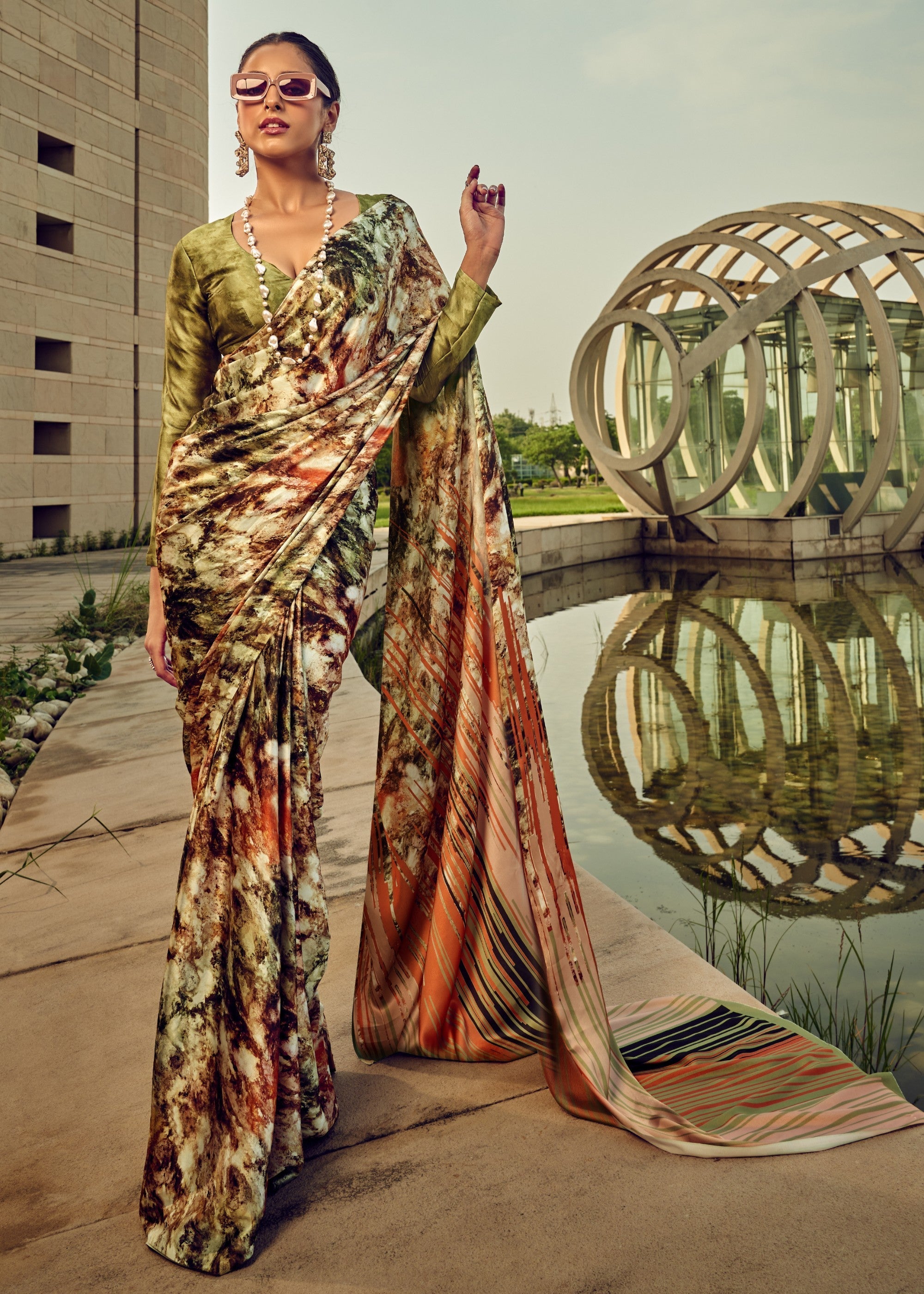 Green Satin Digital Printed Saree - qivii