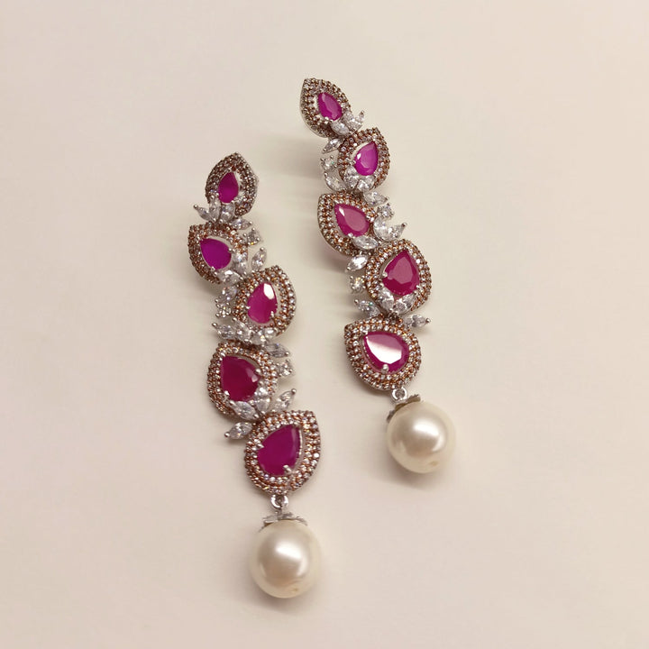 Pihu Ruby American Diamond Silver Plated Pearl Work Earrings