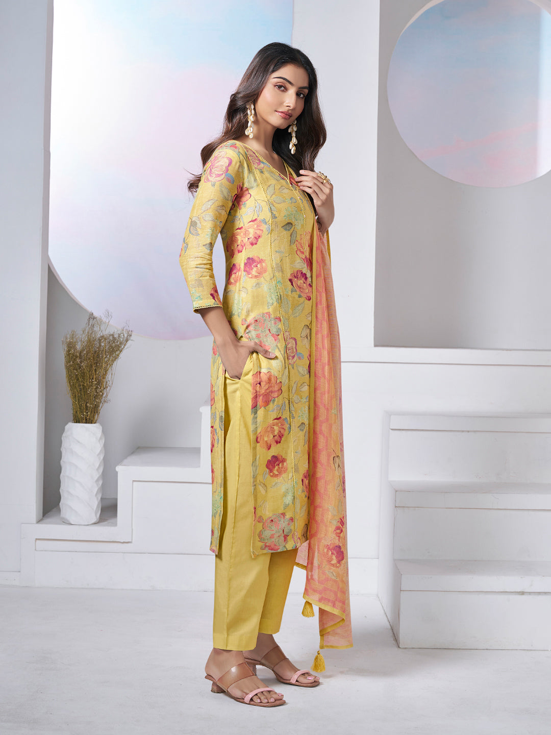 YELLOW PRINTED WITH LACE WORK STRAIGHT KURTA WITH DYED TROUSERS AND PRINTED DUPATTA