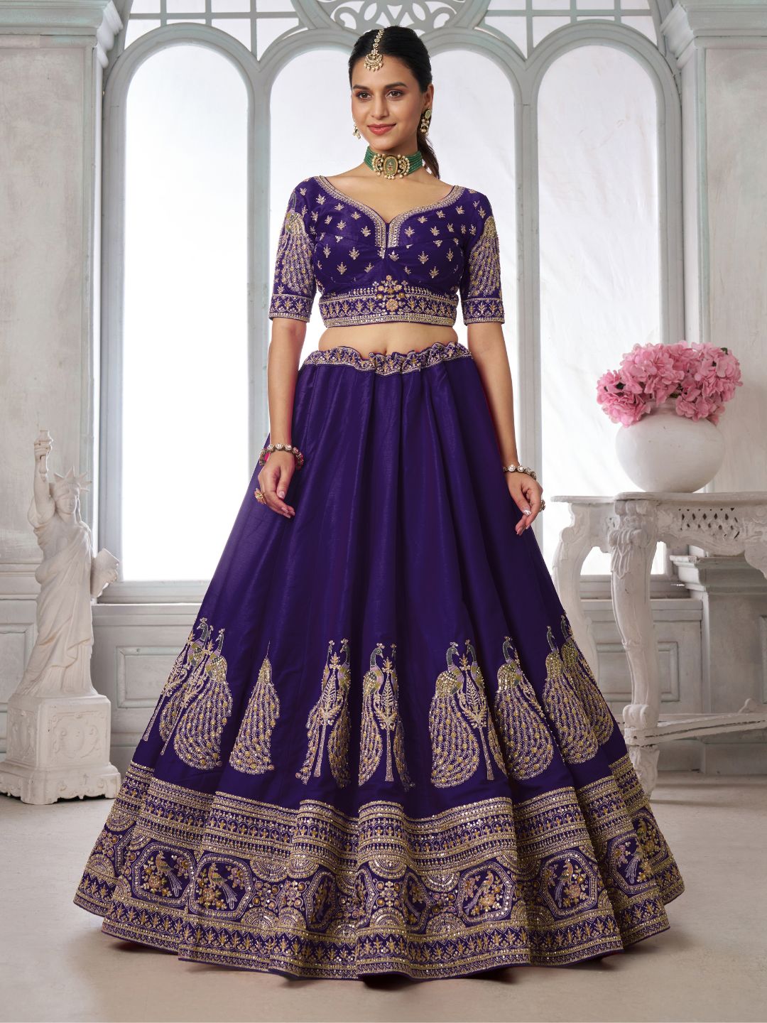 Designer Purple Silk Lehenga Choli with Embroidered Peacock Motifs