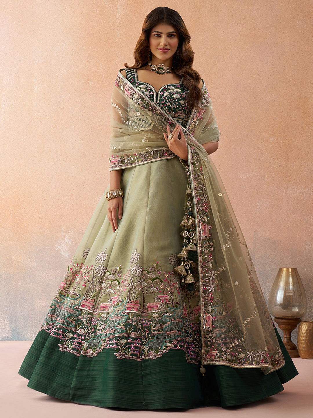 Ombre Green and Lime green Net Sequins Embroidered Lehenga Set