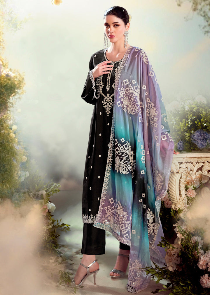 Black Modale Silk Salwar Suit With Embroidery showcasing intricate floral embroidery on the neckline and sleeves