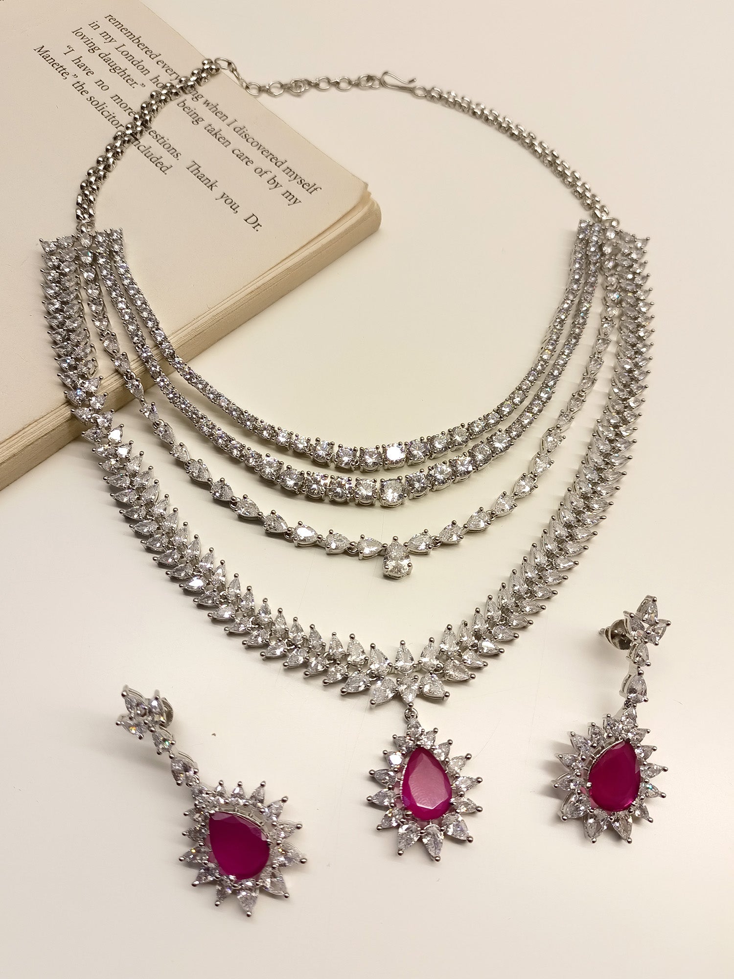 Pallavi Ruby American Diamond Necklace Set - qivii