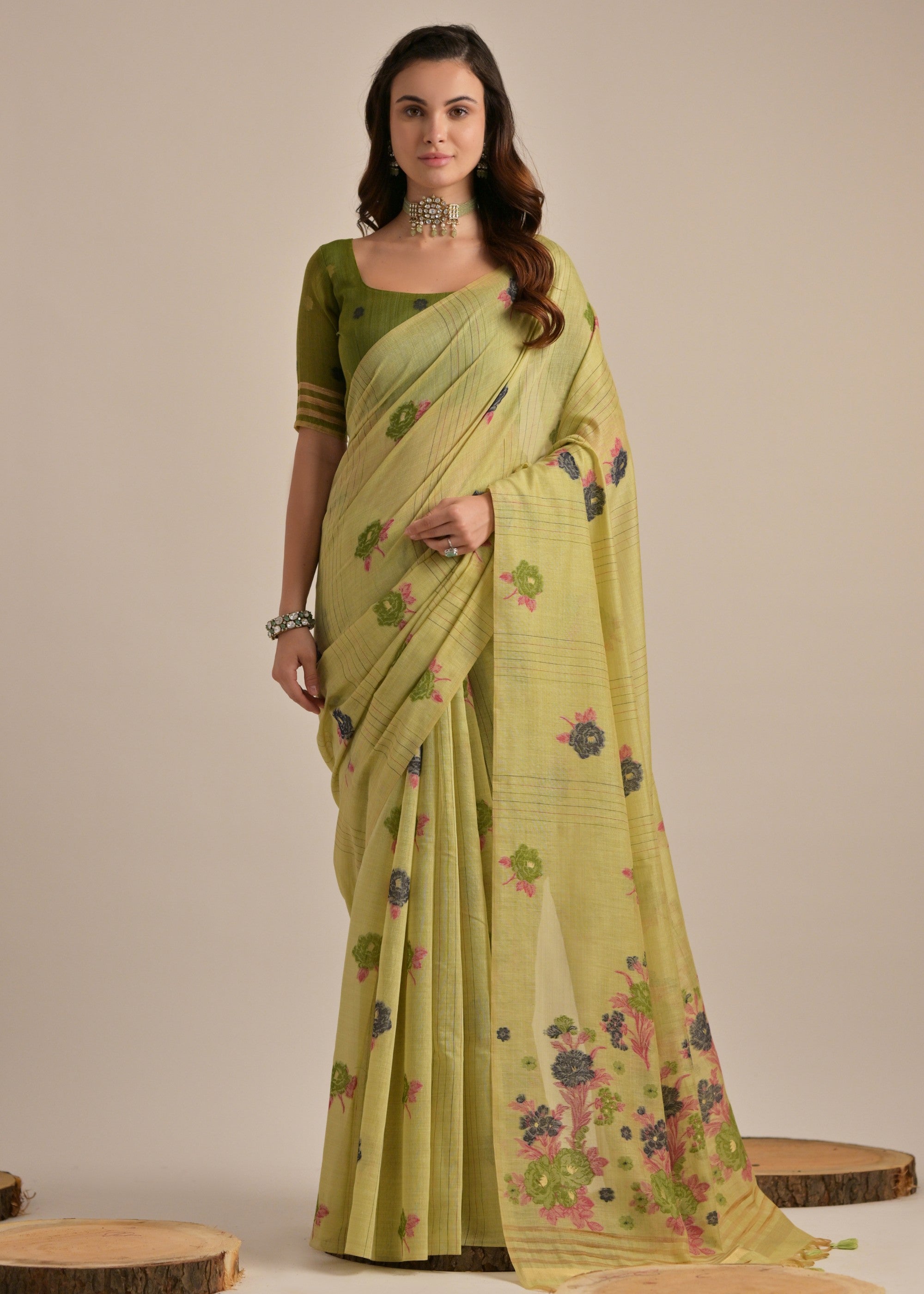 Pista Green Thread Woven Cotton Saree With Contrast Blouse - qivii
