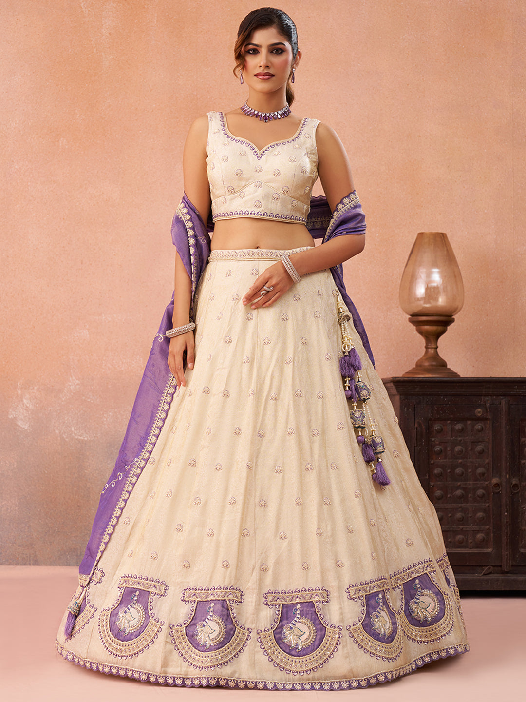 Cream Jacquard Heavy Beads with Sequins Embroidered Semi-Stitched Lehenga Set