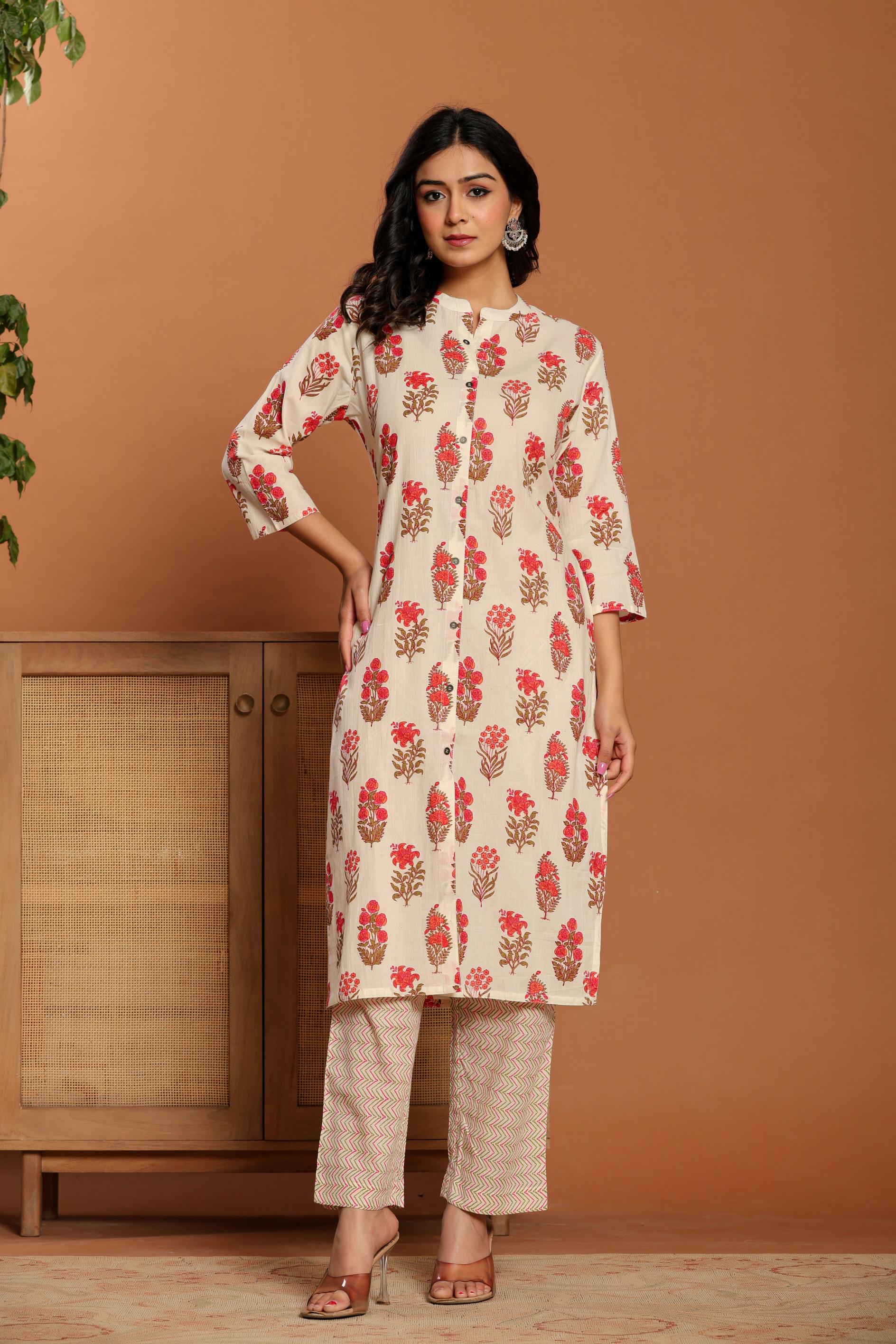 White Printed Cotton Kurta Set - qivii