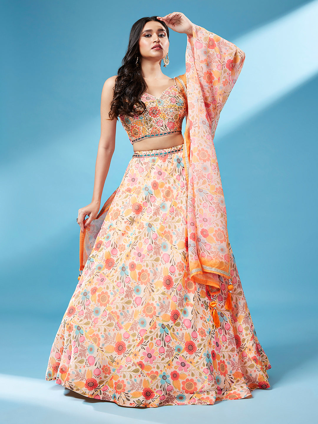 Orange Organza Floral Printed Stitched Lehenga choli