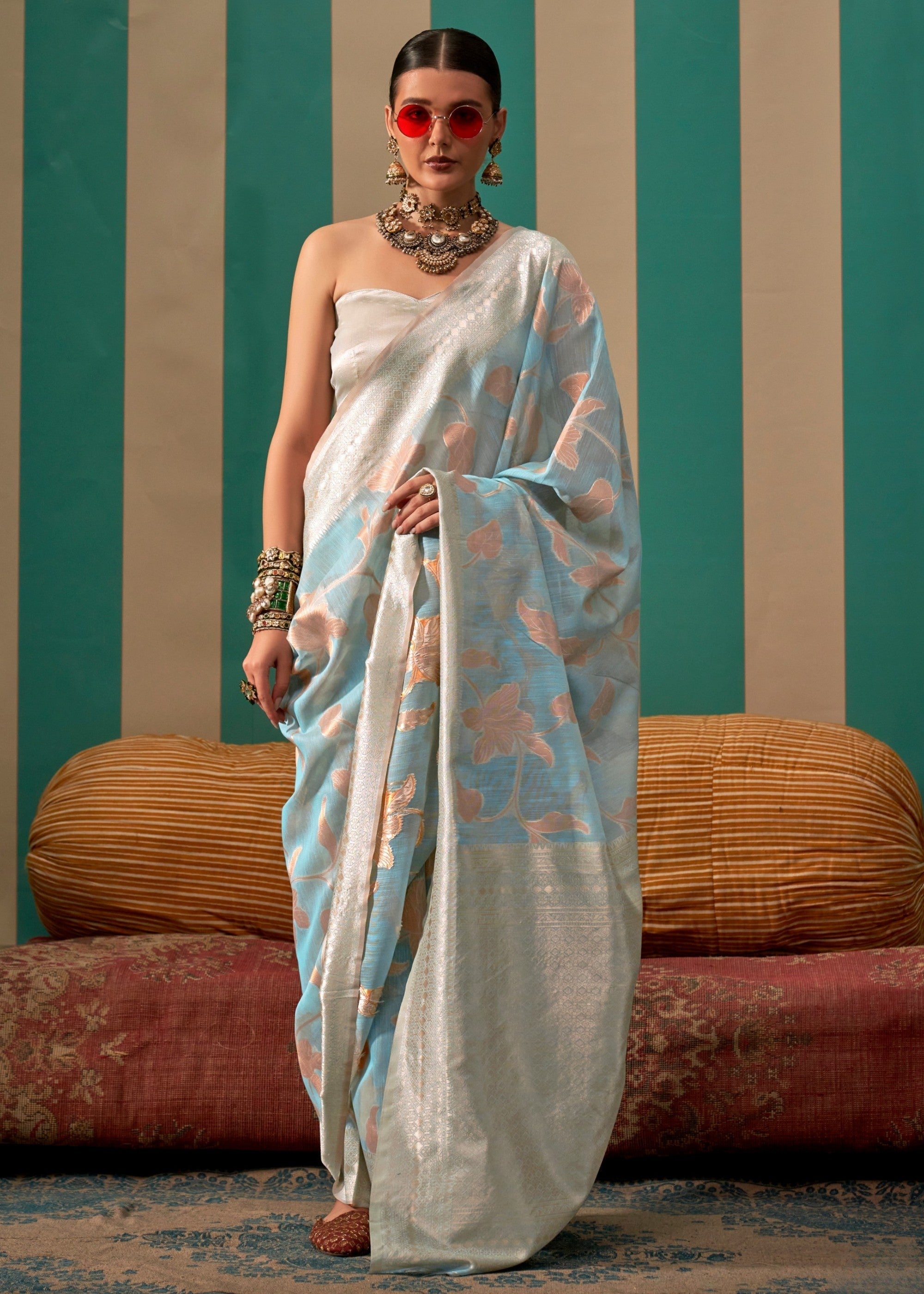 Light Blue Handloom Weaving Linen Saree - qivii