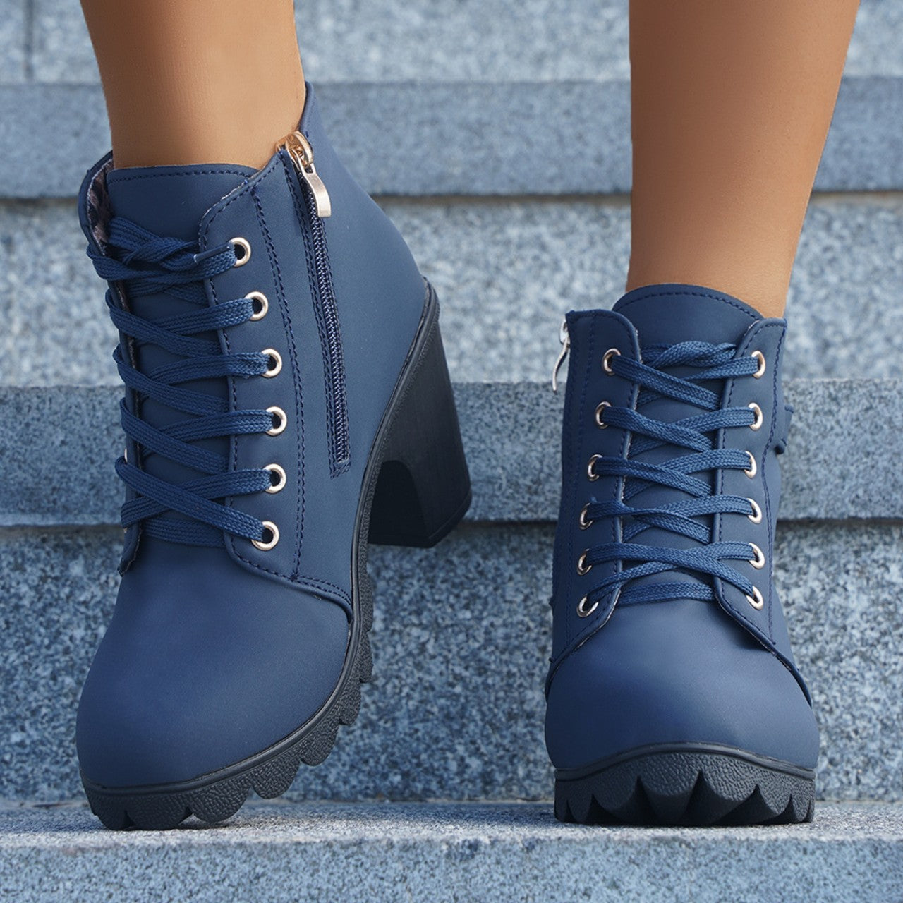Women's Buckle Decorated Chunky Heel Ankle Boots - Side Zipper & Lace-Up Round Toe Mid-Calf Equestrian Boots (US 4-10)