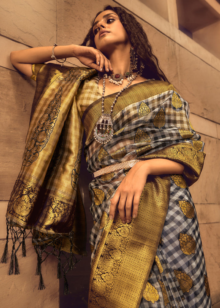 Golden Olive Woven Banarasi Organza Silk Saree