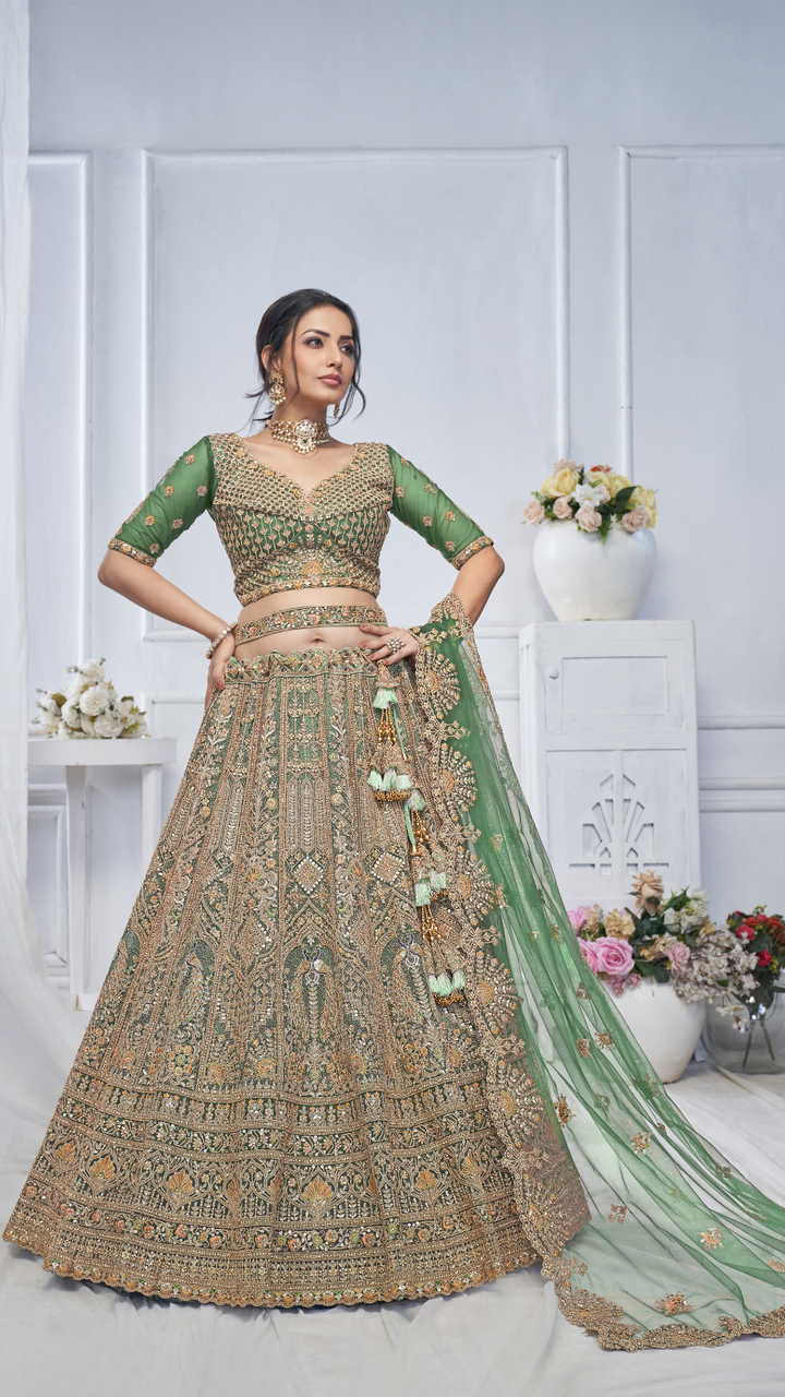 Royal Grandeur bridal  Green Mehendi Lehenga with Paisley and Peacock Motifs & Heavy Embroidery