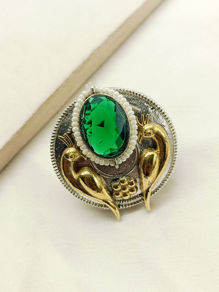 Ruhani Green Peacock Oxidized Finger Ring