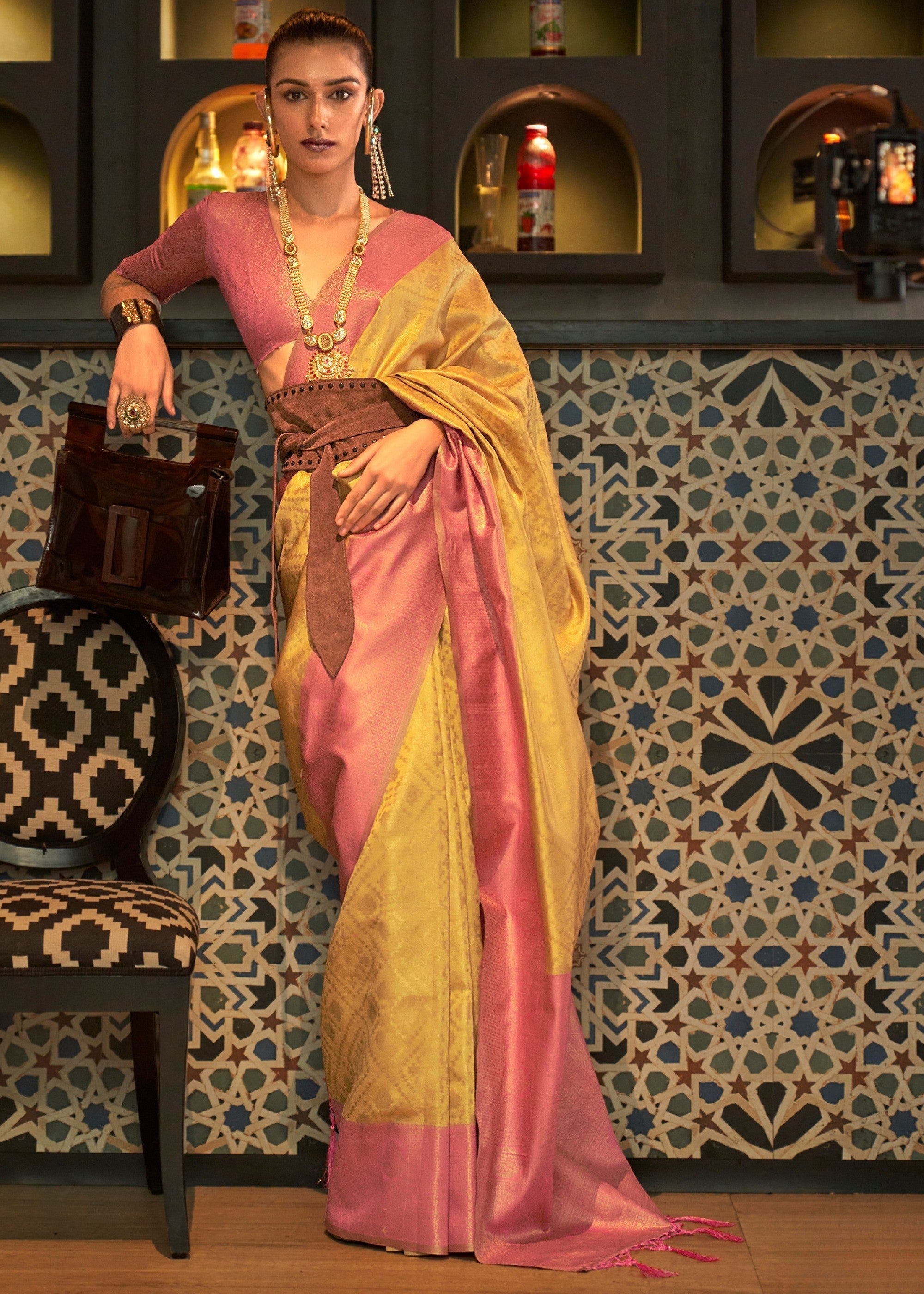 Dandelion Yellow and Flamingo Pink Silk Zari Base Chaap Handloom Weaving Saree - qivii