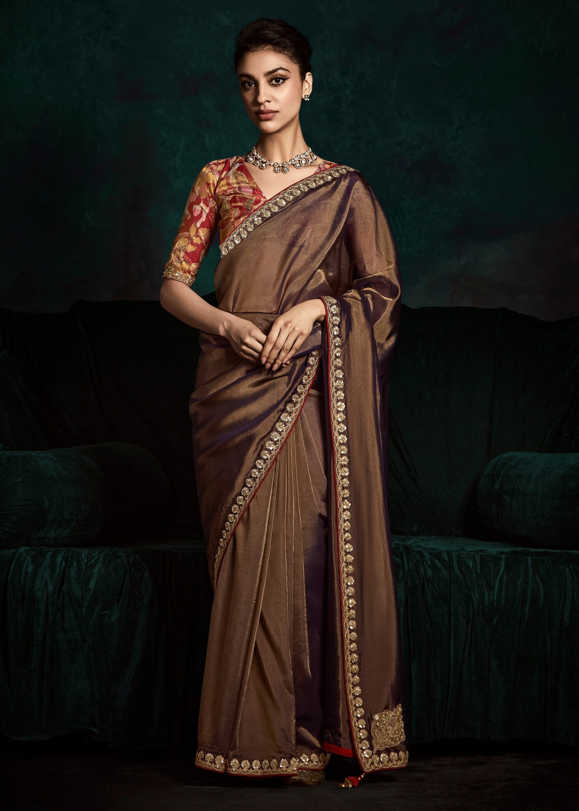 Mocha Brown Fancy Fabric Silk Saree With Sequins And Thread Embroidered Butti Work - qivii